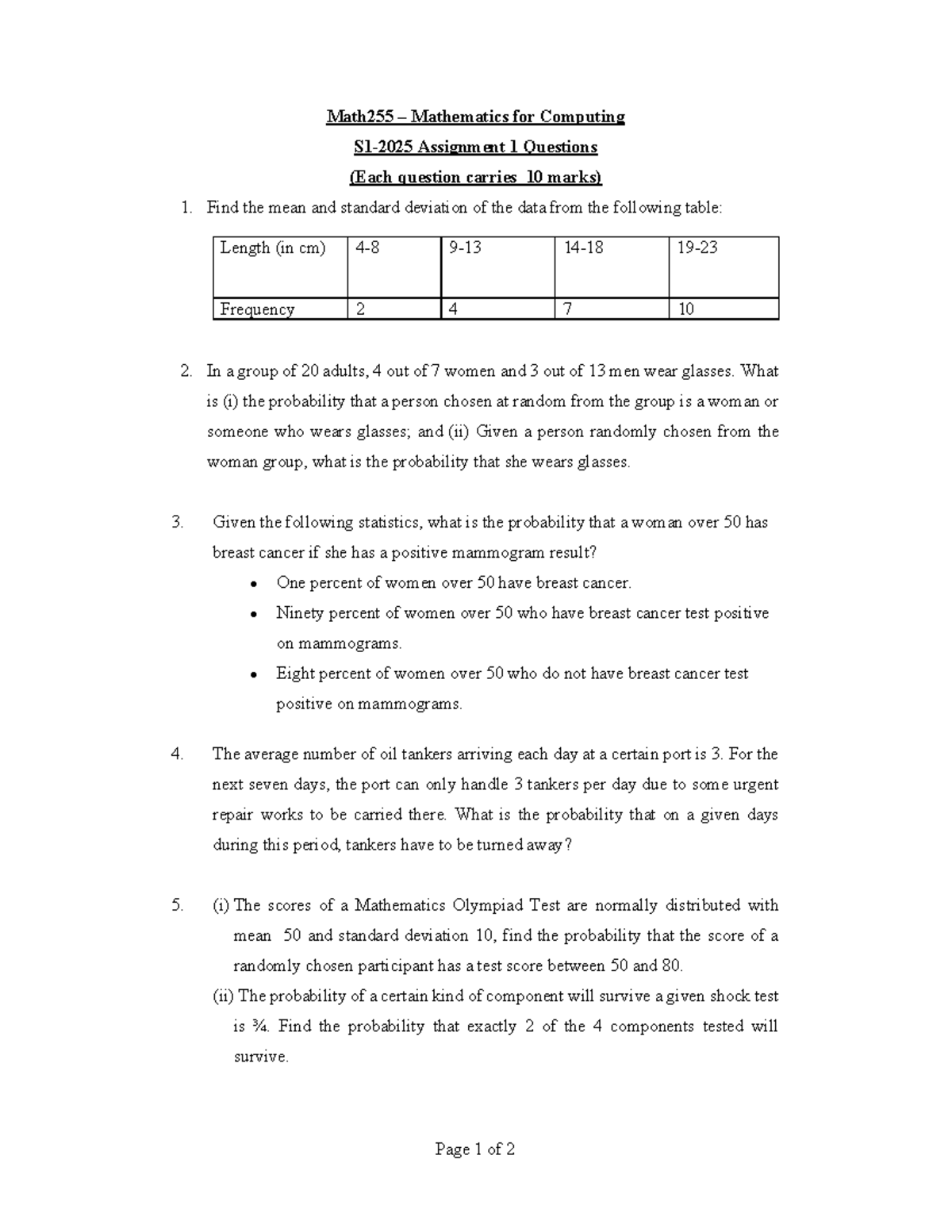 Math255 S1-2025: Assignment 2 Questions on Probability & Statistics ...