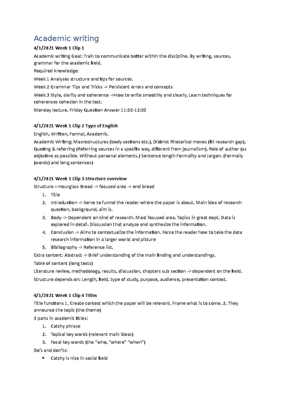 Academic Writing Notes: Key Concepts & Structure (Week 1-3) - Studeersnel
