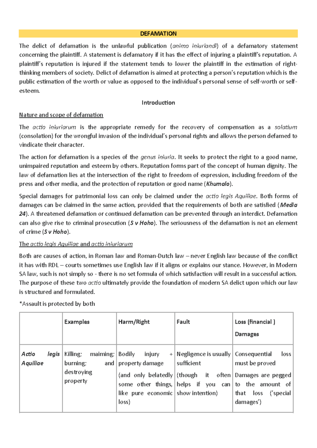 Delict Leo - Notes - DEFAMATION The delict of defamation is the ...