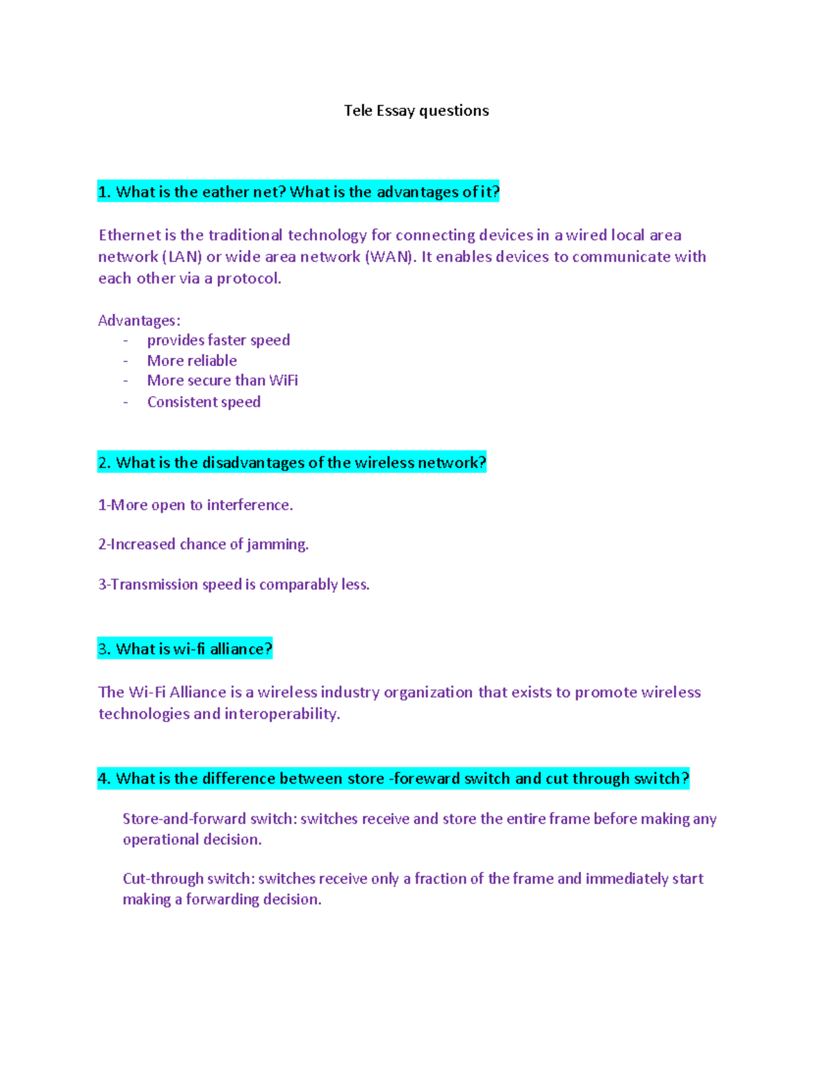 Tele Essay Questions on Ethernet and Wireless Networks - Studocu