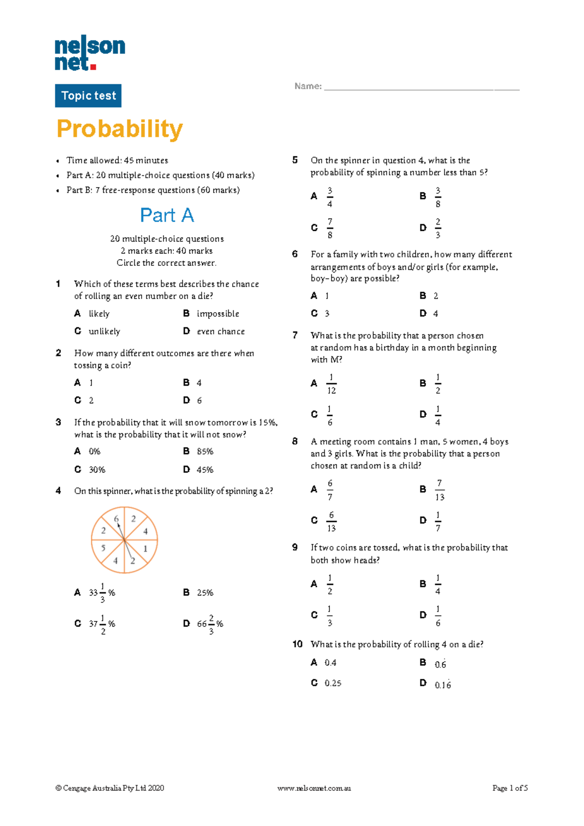 MAT09SPTT10032 Topic Test 12: Probability and Statistics - Studocu