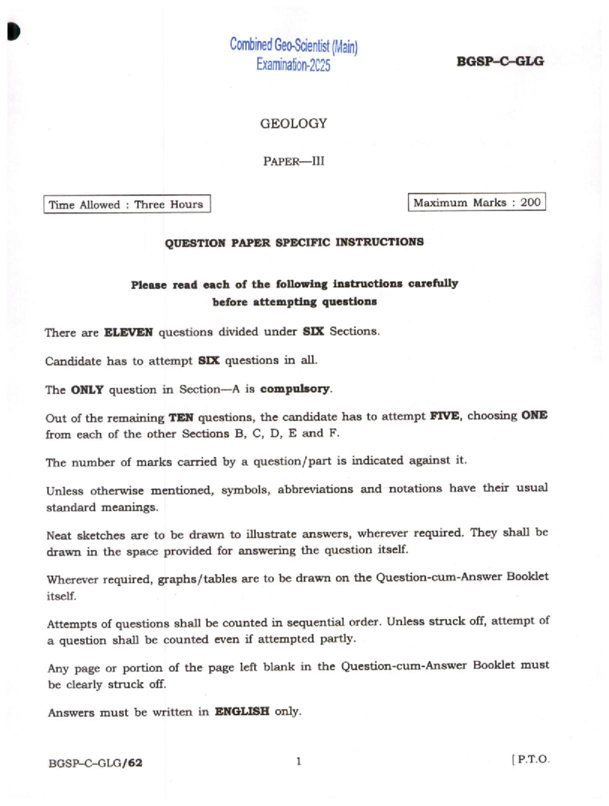 QP Geos M 25 Geology Paper III: Combined Exam Questions and ...