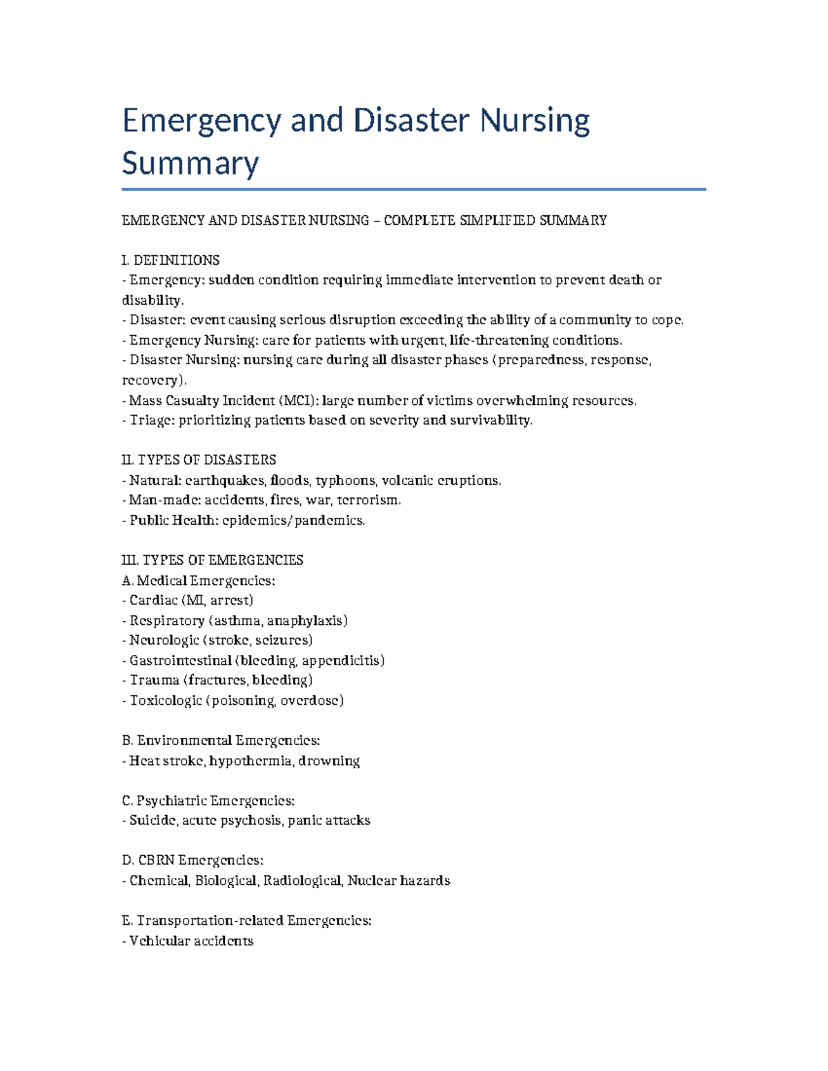 Emergency & Disaster Nursing Summary: Key Concepts & Triage Guide - Studocu