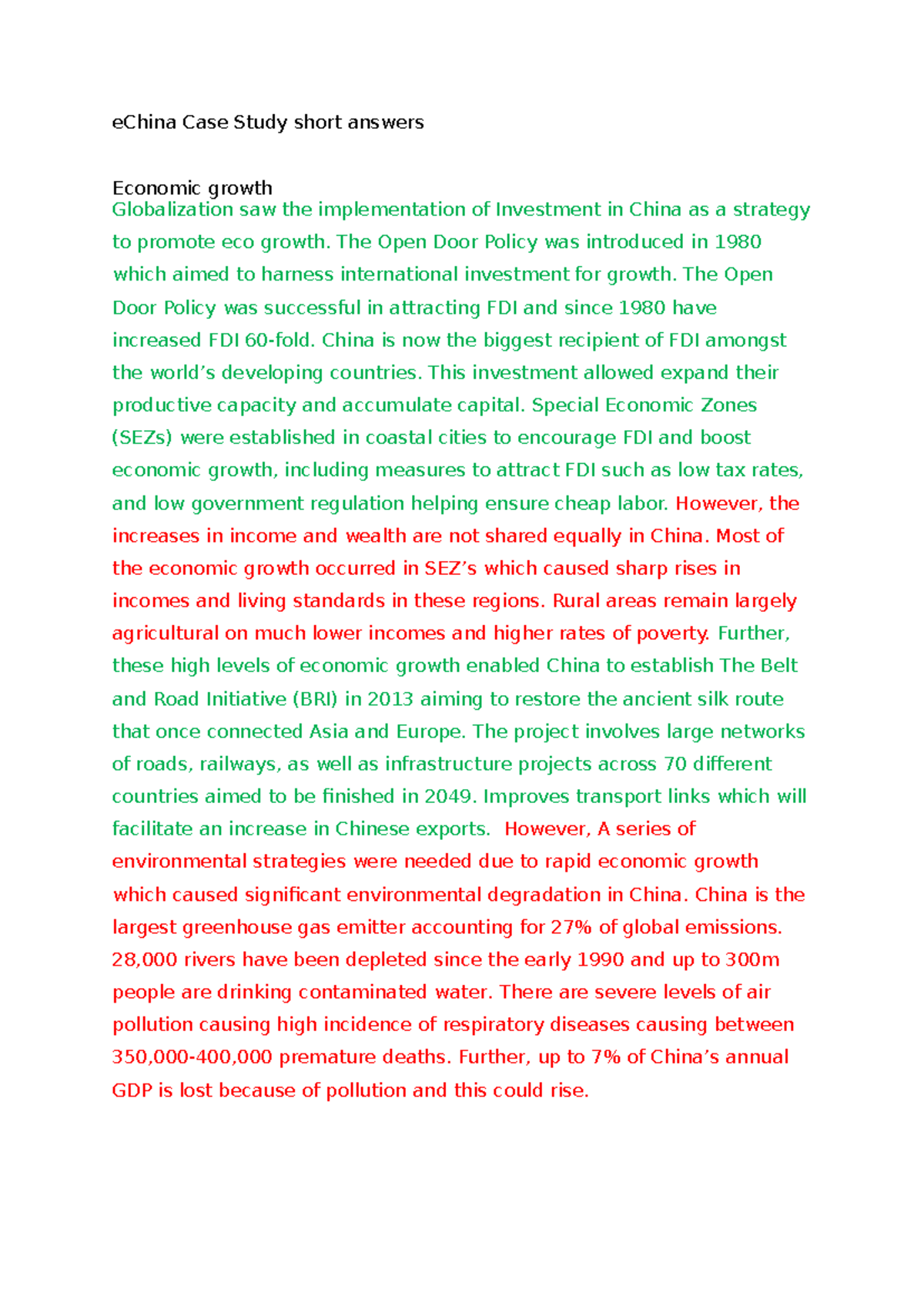 China Case Study: Short Answers on Economic Growth and Challenges - Studocu