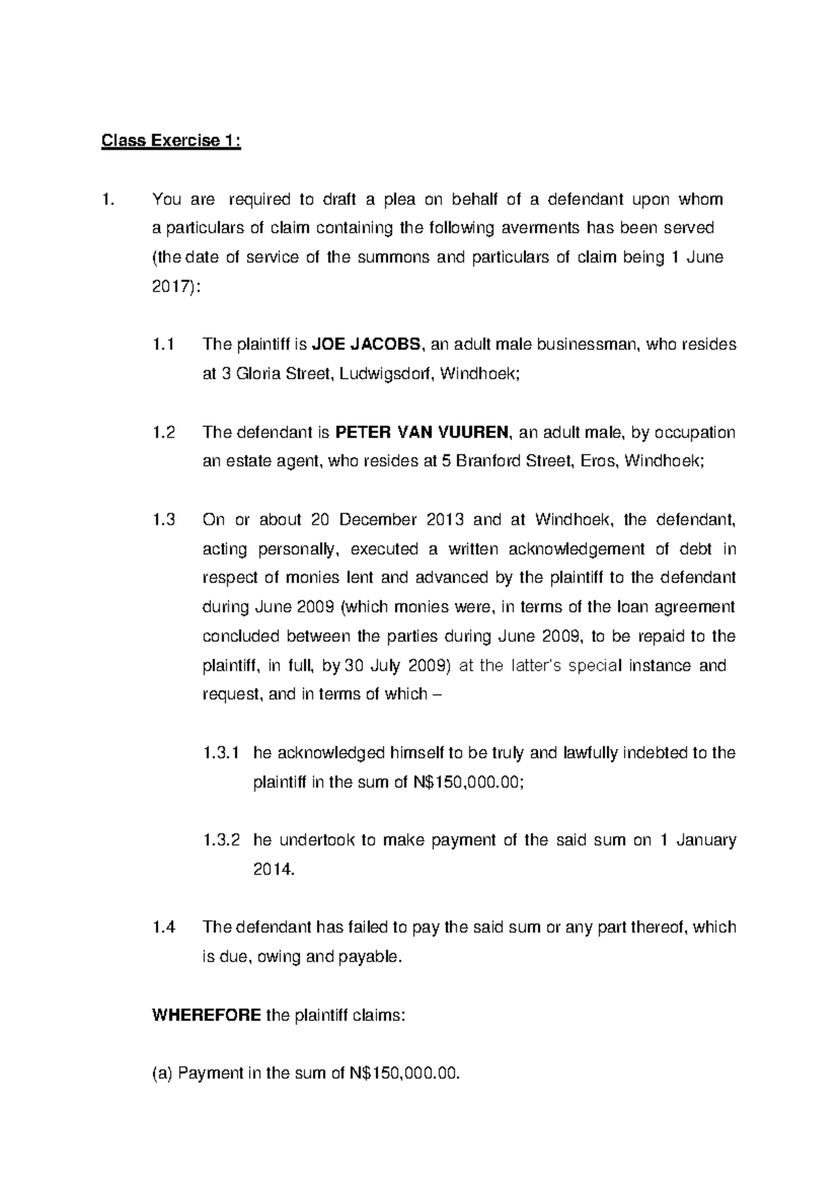 Class Exercise 1: Drafting a Plea for Defendant in Debt Case - Studocu