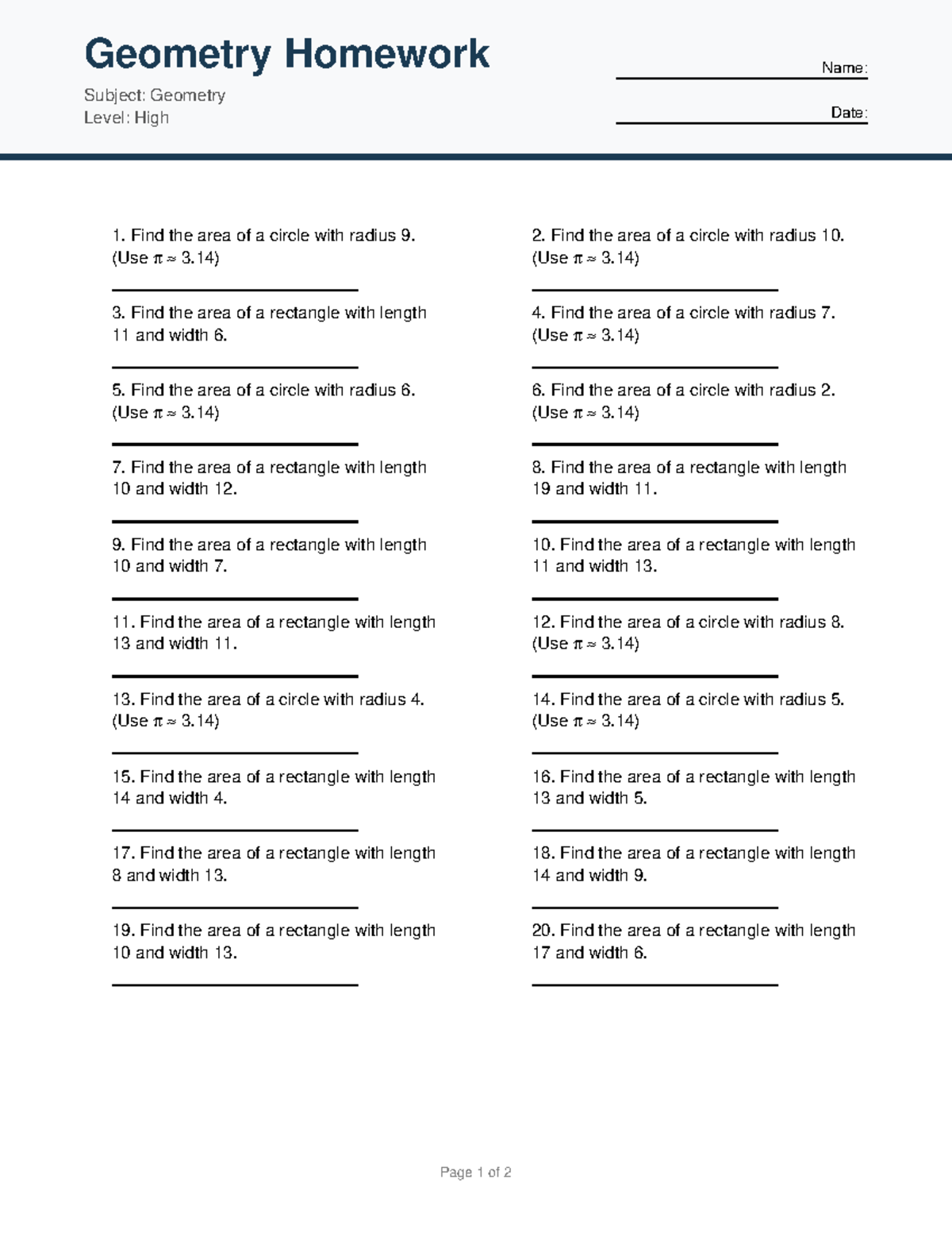 Geometry Homework 4: Area Calculations for Circles & Rectangles - Studocu