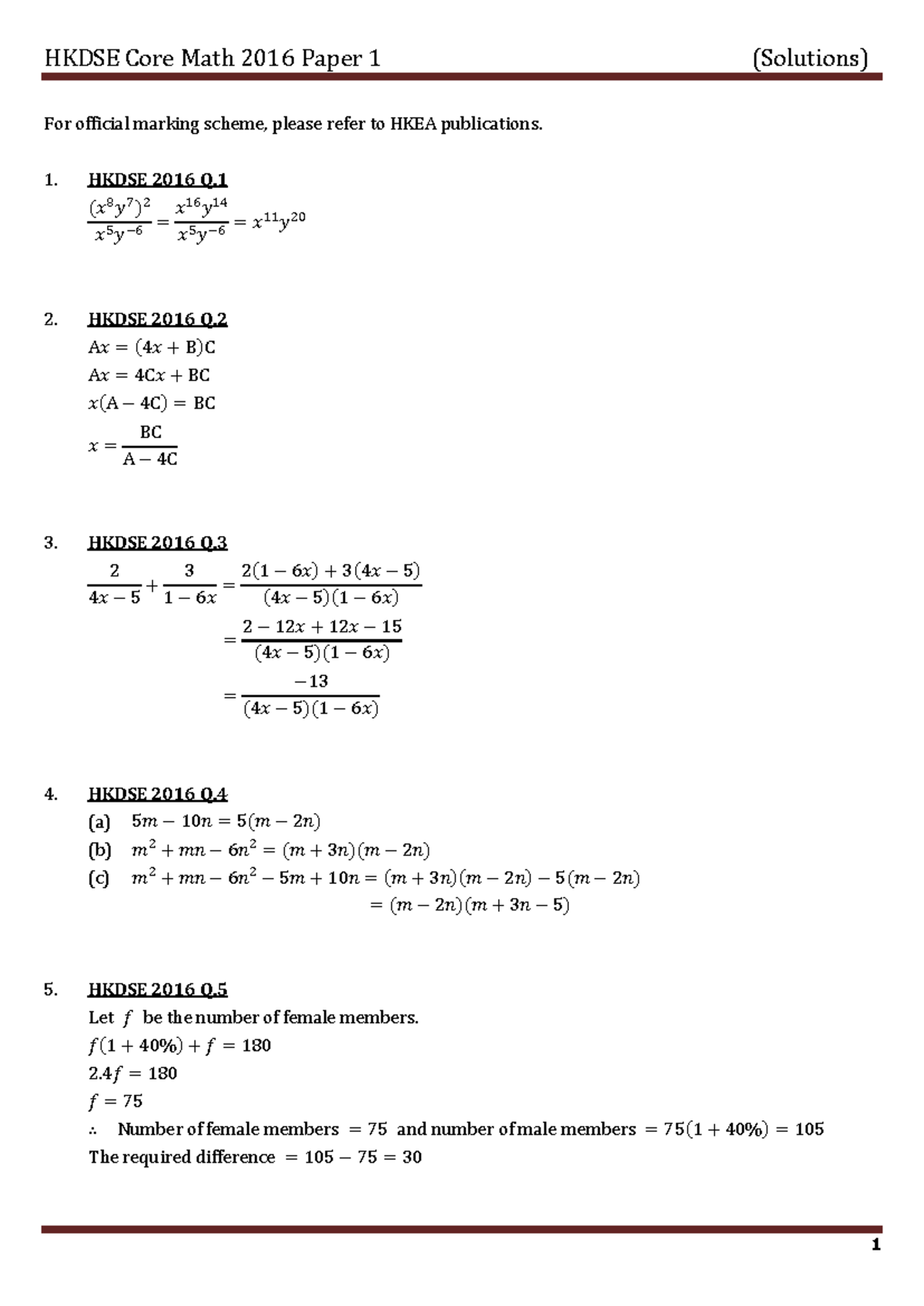 HKDSE Math 2016 Paper 1 Solutions and Explanations - Studocu
