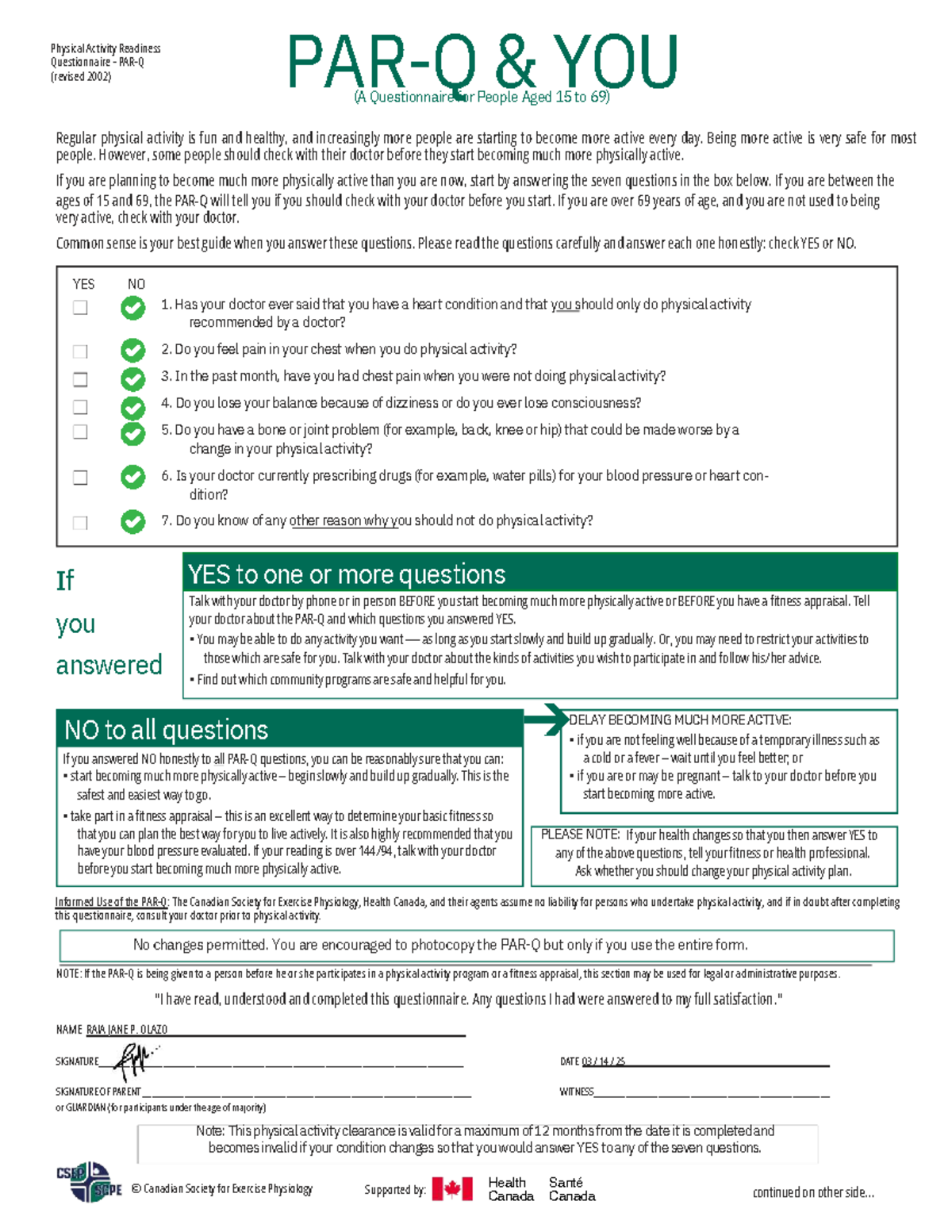 PAR-Q: Physical Activity Readiness Questionnaire for Ages 15-69 - Studocu