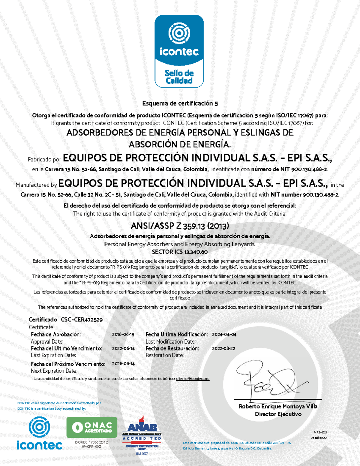 Certificado de Conformidad ICONTEC Z359.13 para Eslingas de Absorción - Document Preview