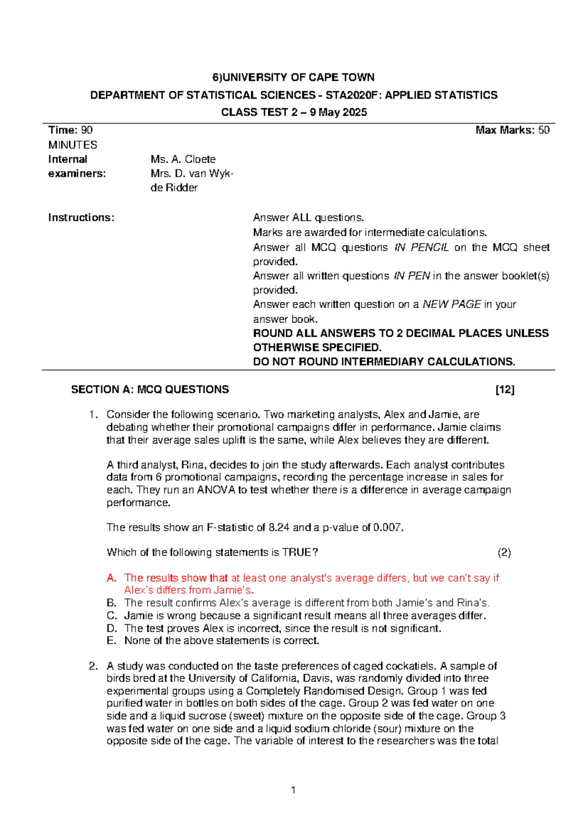 STA2020F 2025 Applied Statistics Class Test 2 Memorandum - Studocu