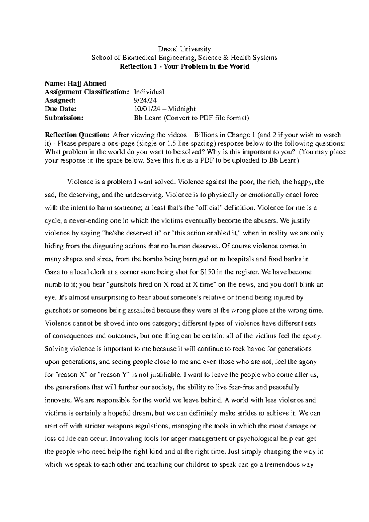 BMES 124 Reflection 1 - alsdnaod - Drexel University School of ...