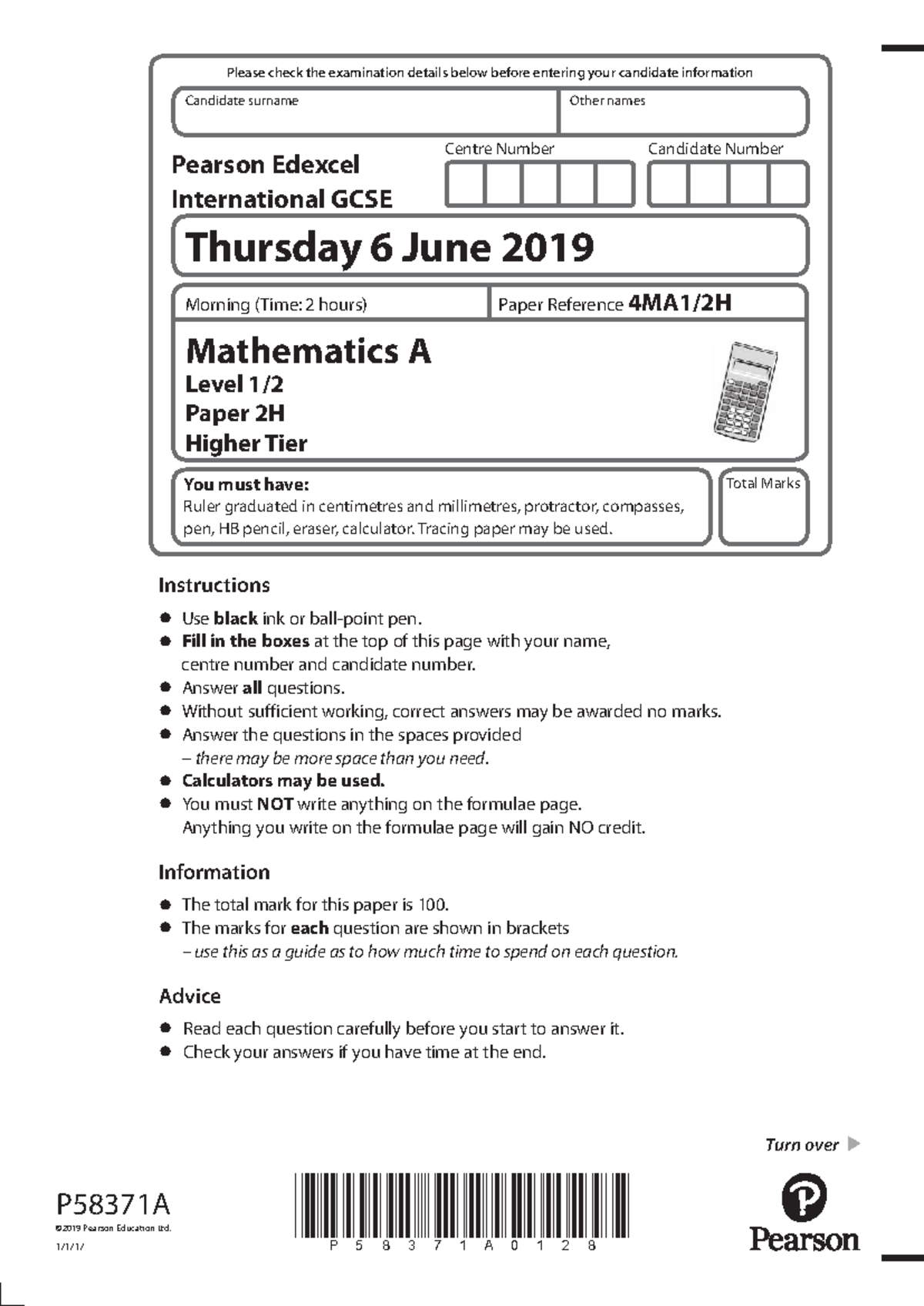 Mathematics A Level Paper 2H Exam Details - June 2019 - Studocu