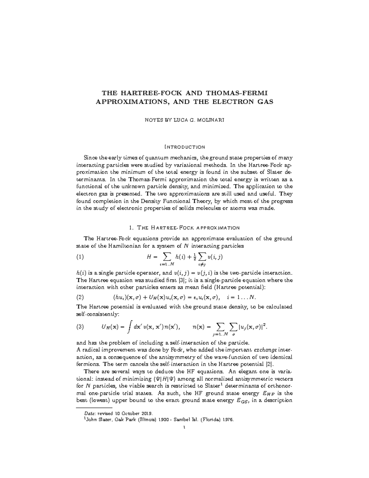 HF and TF Approximations in Electron Gas: Notes by Luca G. Molinari ...