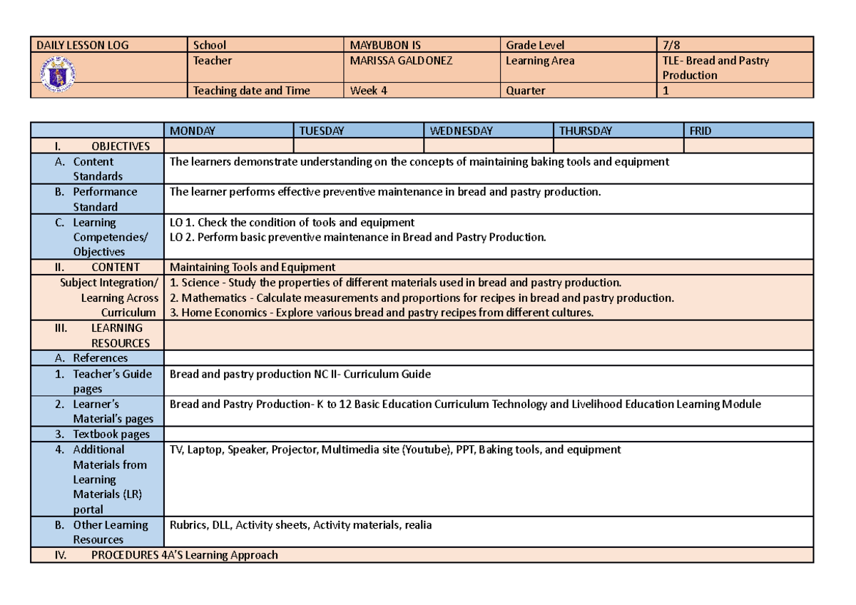 DLL-bpp7-8 Week 4 - BREAD AND PASTRY PRODUCTION - DAILY LESSON LOG ...