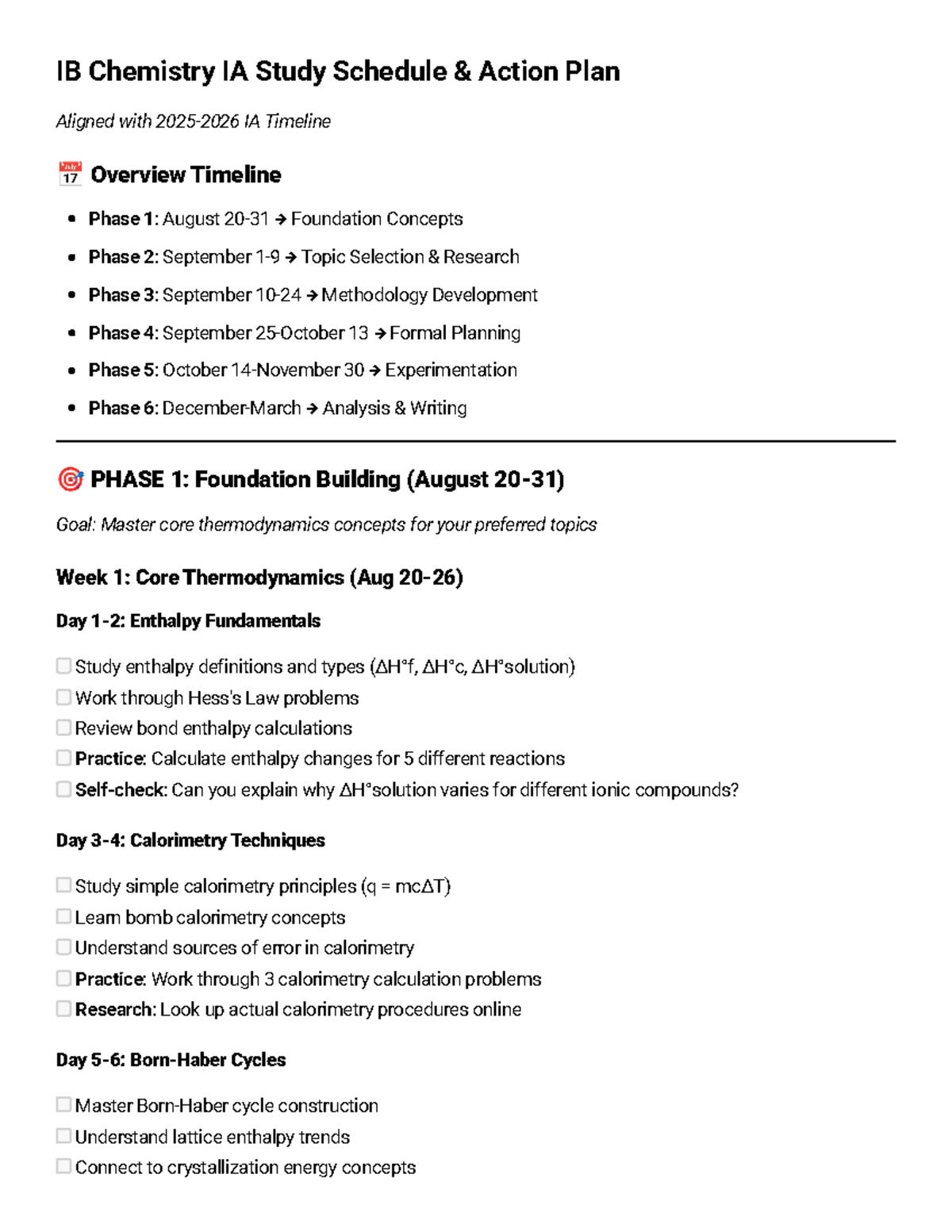 IB Chemistry IA Learning Schedule: Action Plan & Timeline Overview ...
