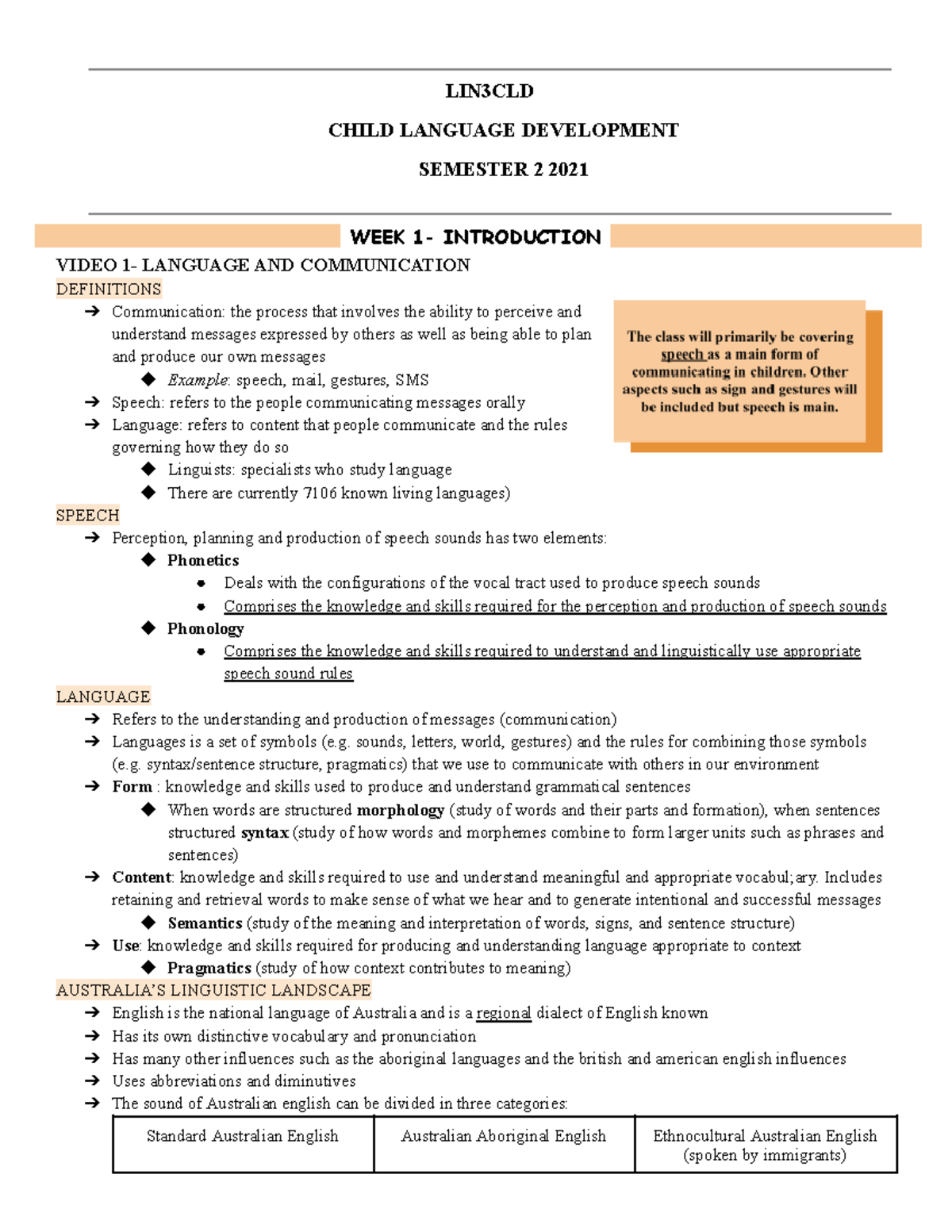 LIN3CLD - Child Language Development Notes - Sem 2 2021 - Studocu