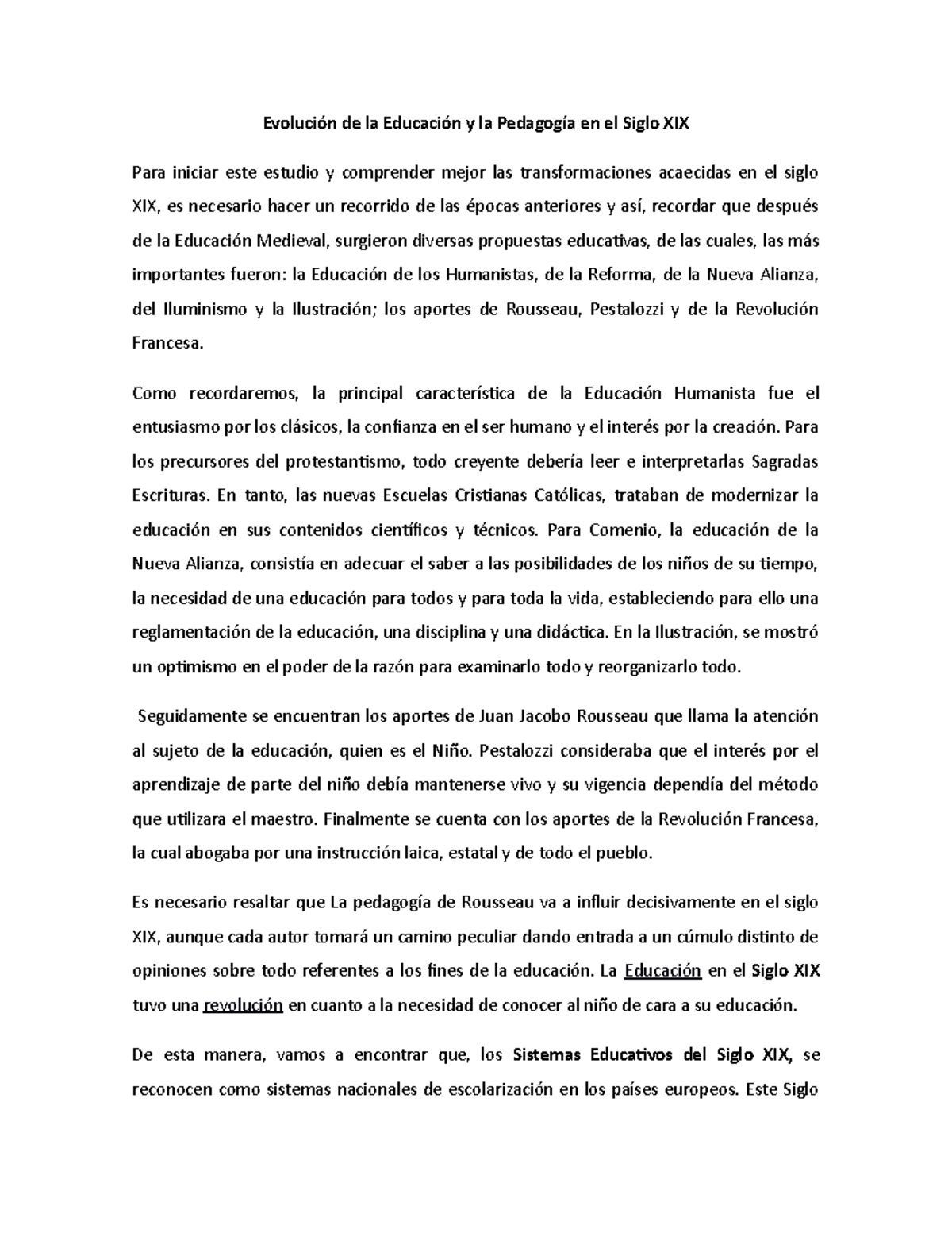 Resumen de la Educación y la Pedagogía en el Siglo XIX - Studocu