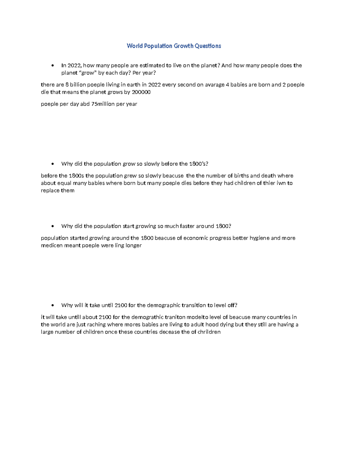 World Population Growth Questions - Studocu