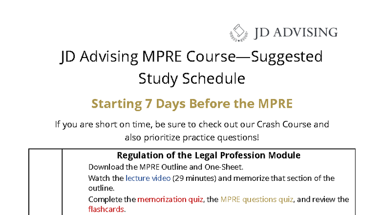 JD Advising MPRE 7-Day Study Schedule for Success - Studocu