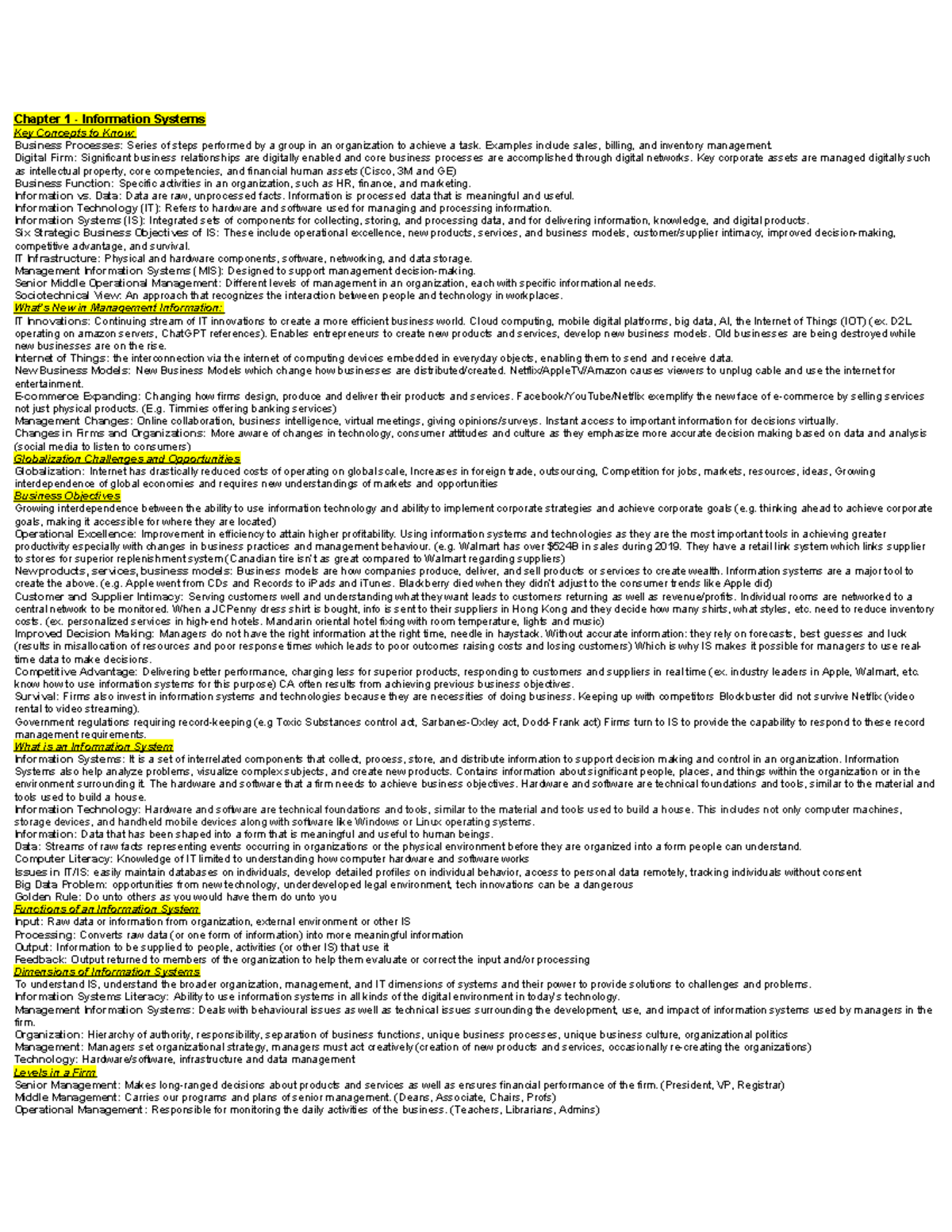 Official ITM 100 Study notes - Chapter 1 - Information Systems Key ...