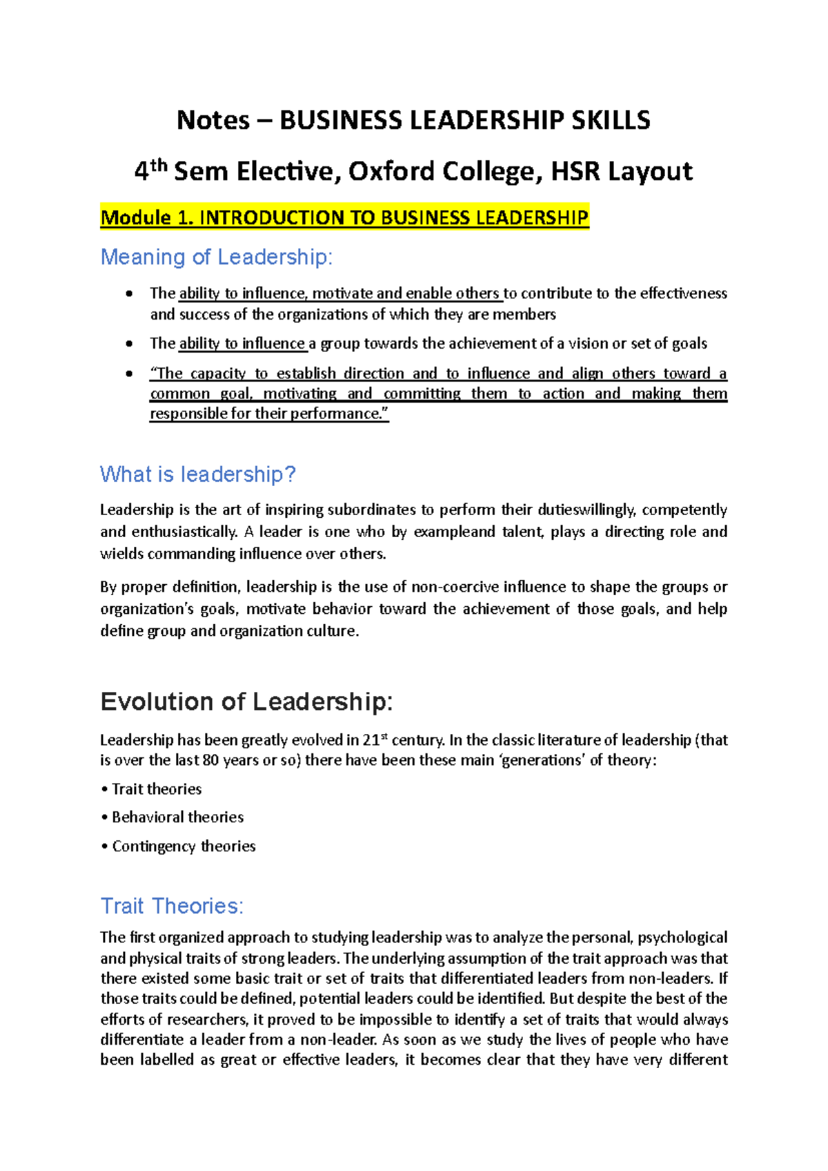 Notes - BUSN 4th Sem Elective: Intro to Business Leadership Skills ...