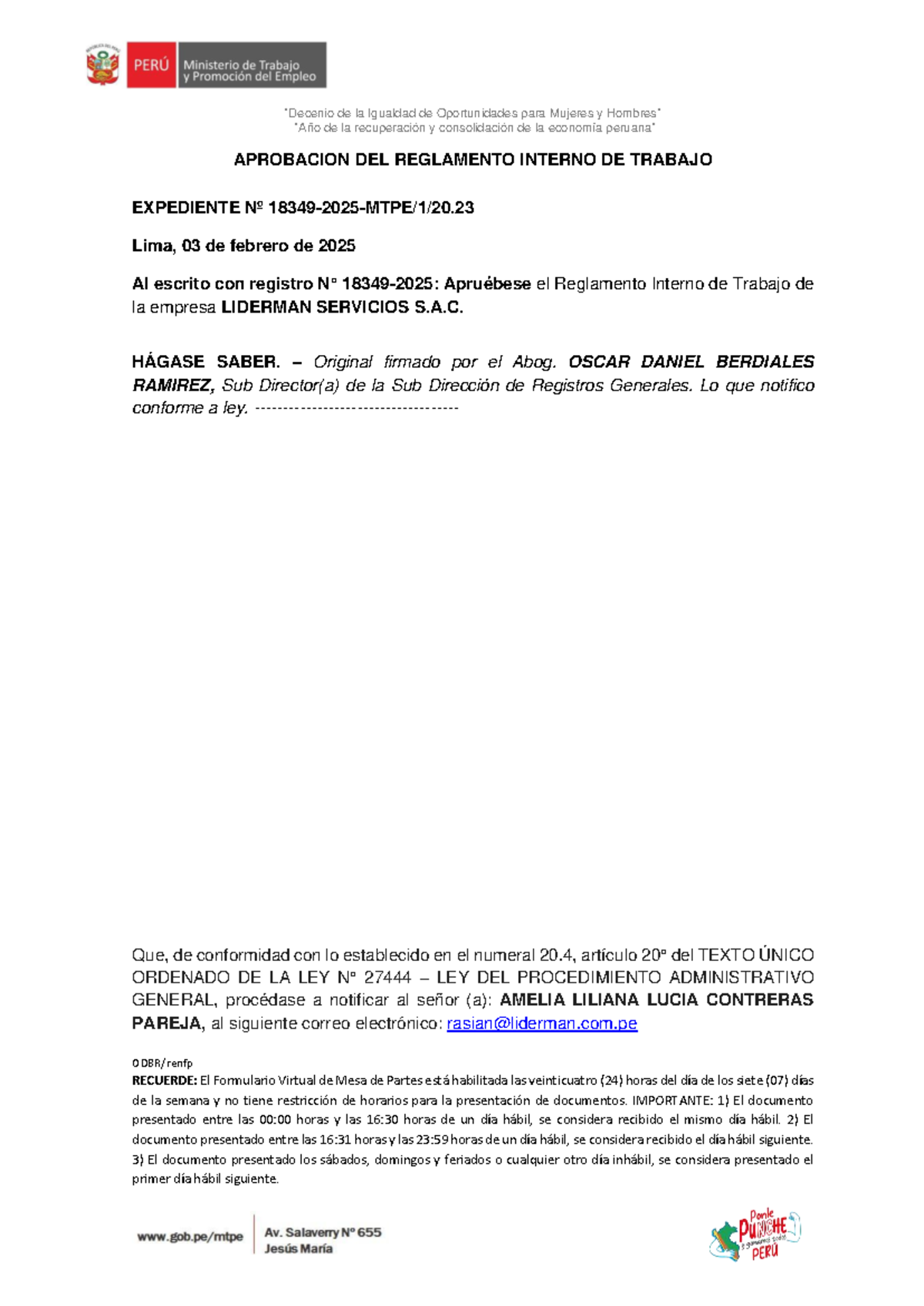 Reglamento Interno de Trabajo - LIDERMAN SERVICIOS S.A.C. 2025 - Document Preview