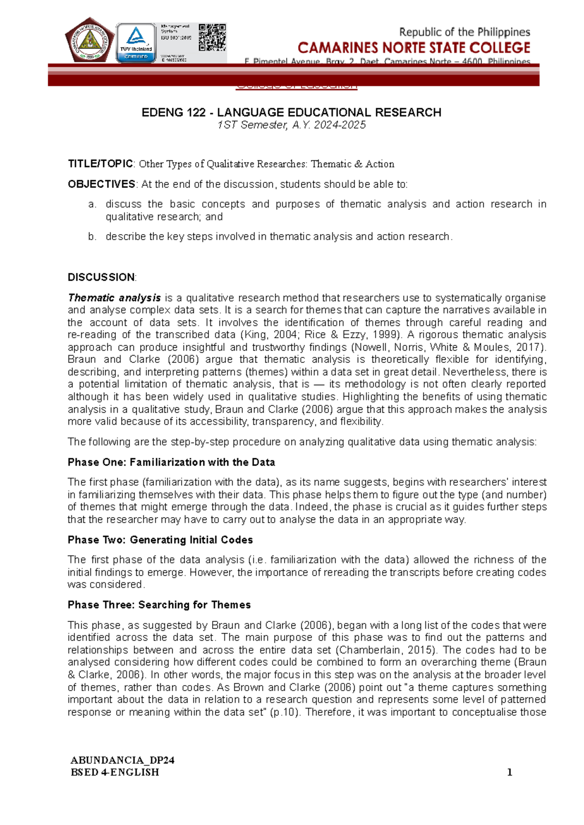 EDENG 122: Thematic Analysis & Action Research Overview - 1st Sem 2024 ...