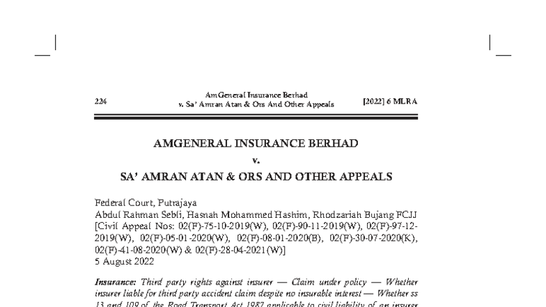 224 MLRA AmGeneral Insurance Berhad v. Amran Atan: Key Legal Findings ...