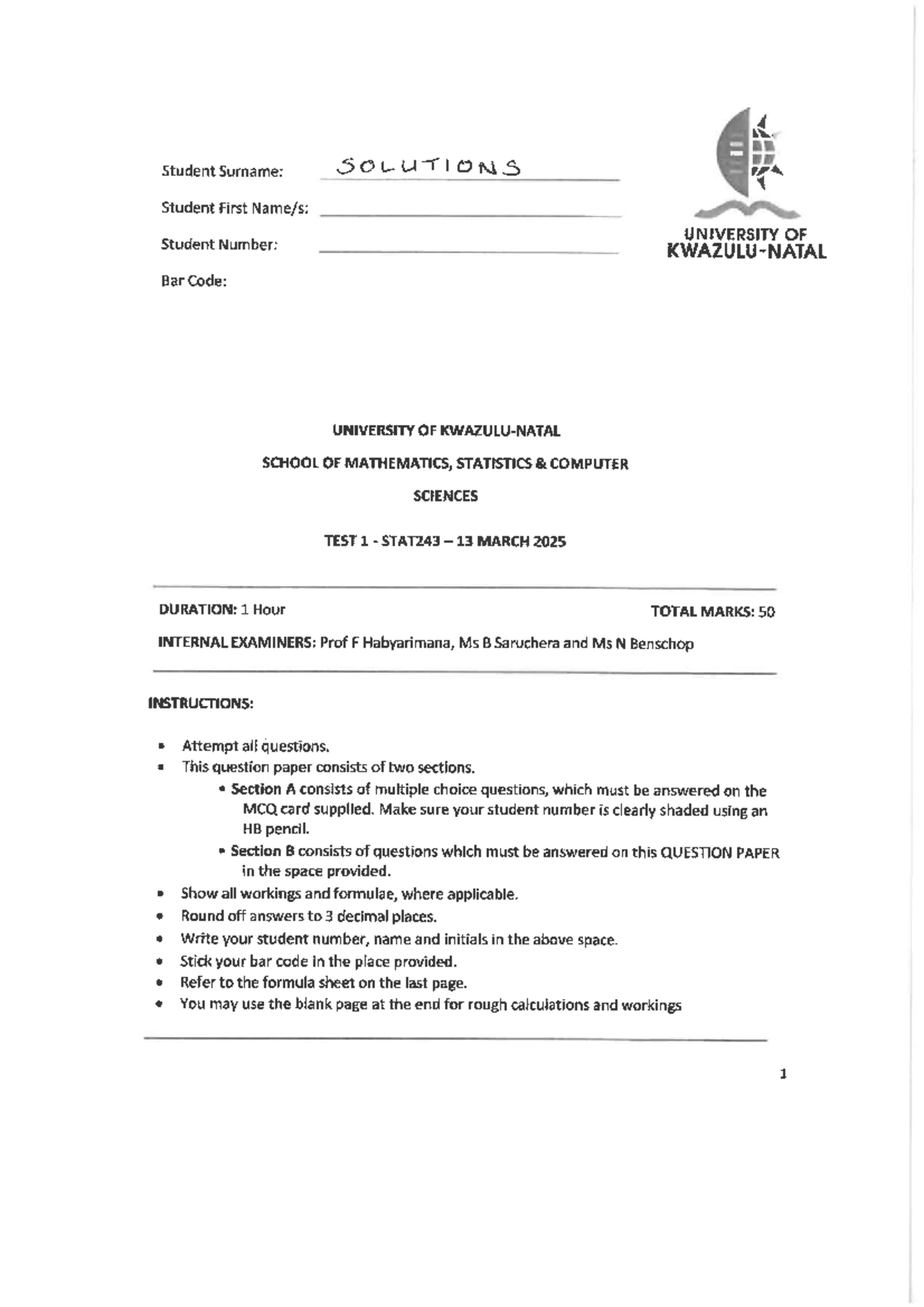 Test 1 Solutions - STAT243 Practice Problems Memo - Studocu