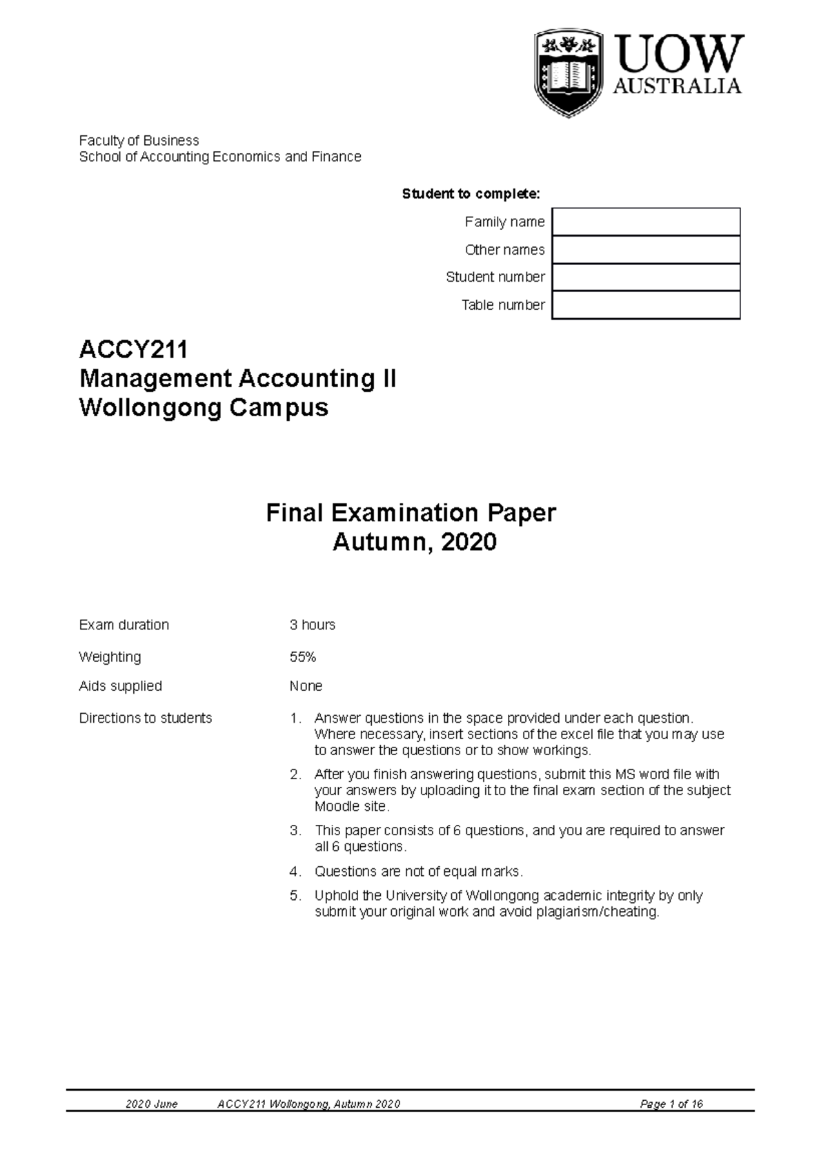 ACCY211 Autumn 2020 - Management Accounting II Final Exam Paper - Studocu