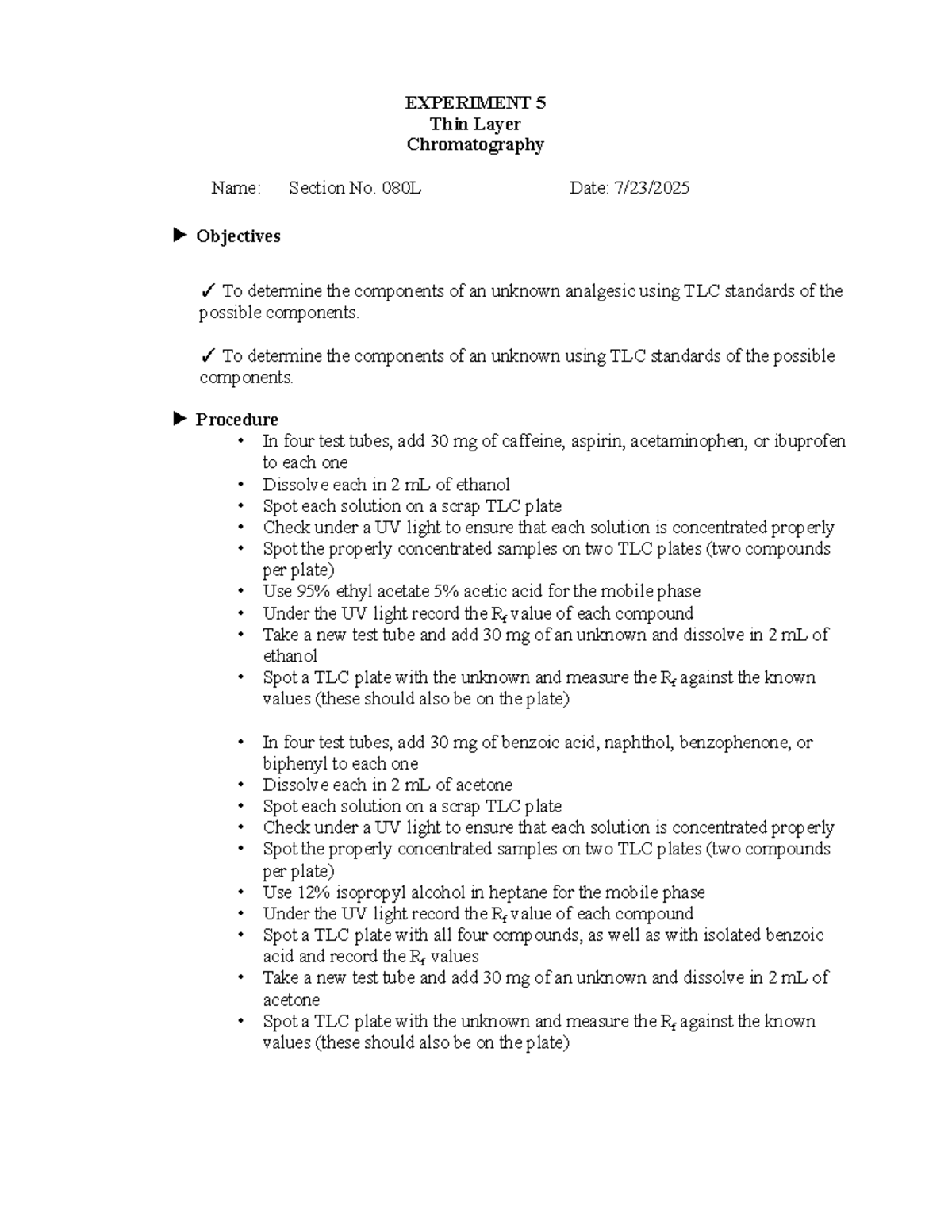 Experiment 5: TLC Analysis of Unknown Analgesics and Compounds - Studocu