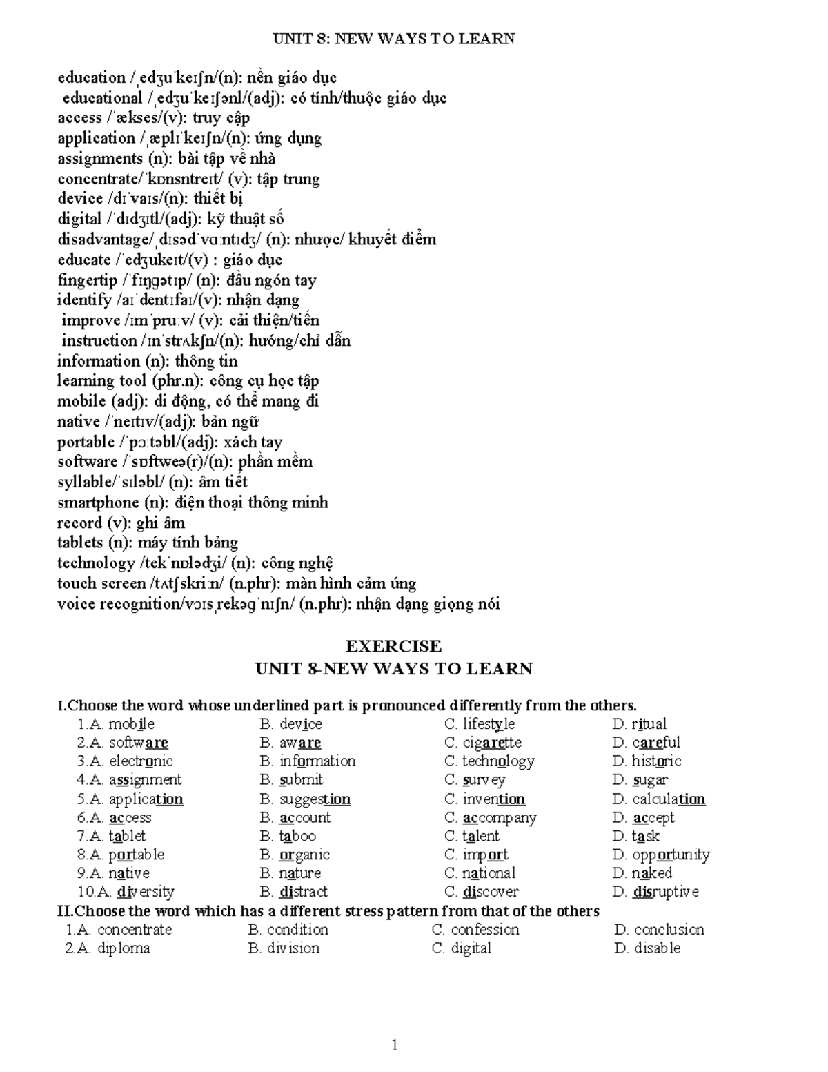 Practice TEST - UNIT 8 - UNIT 8: NEW WAYS TO LEARN education ...