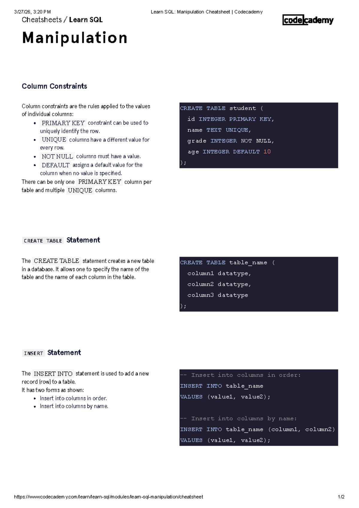 Learn SQL Manipulation Cheatsheet (CS101) - Studocu