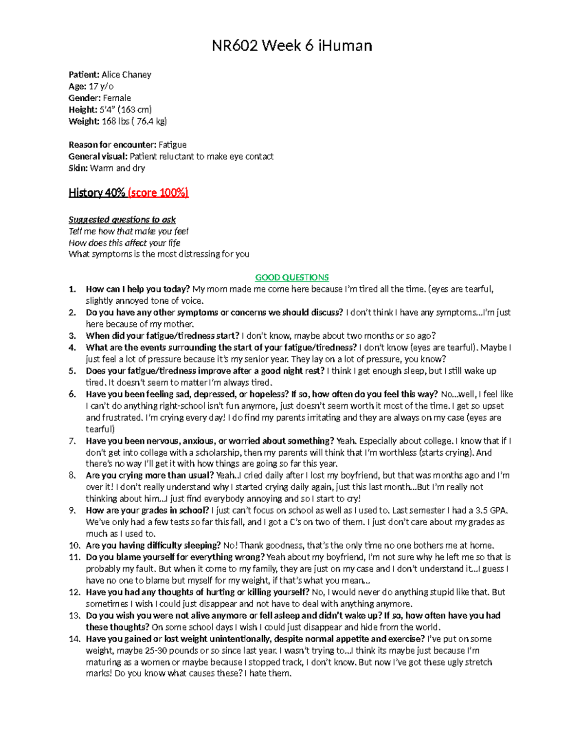 NR602 Week 6: Comprehensive Patient Assessment Notes on Fatigue - Studocu