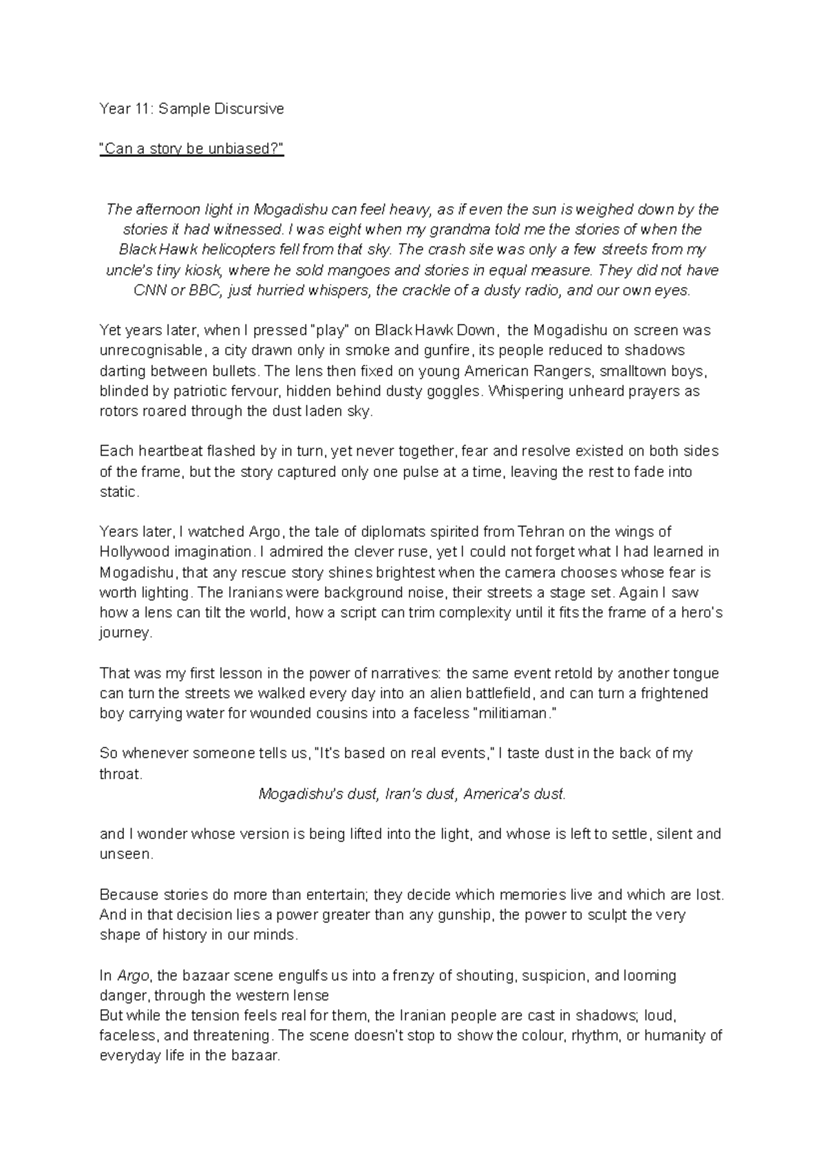 Yr 11: Sample Discursive Essay - Can a Story Be Unbiased? - Studocu