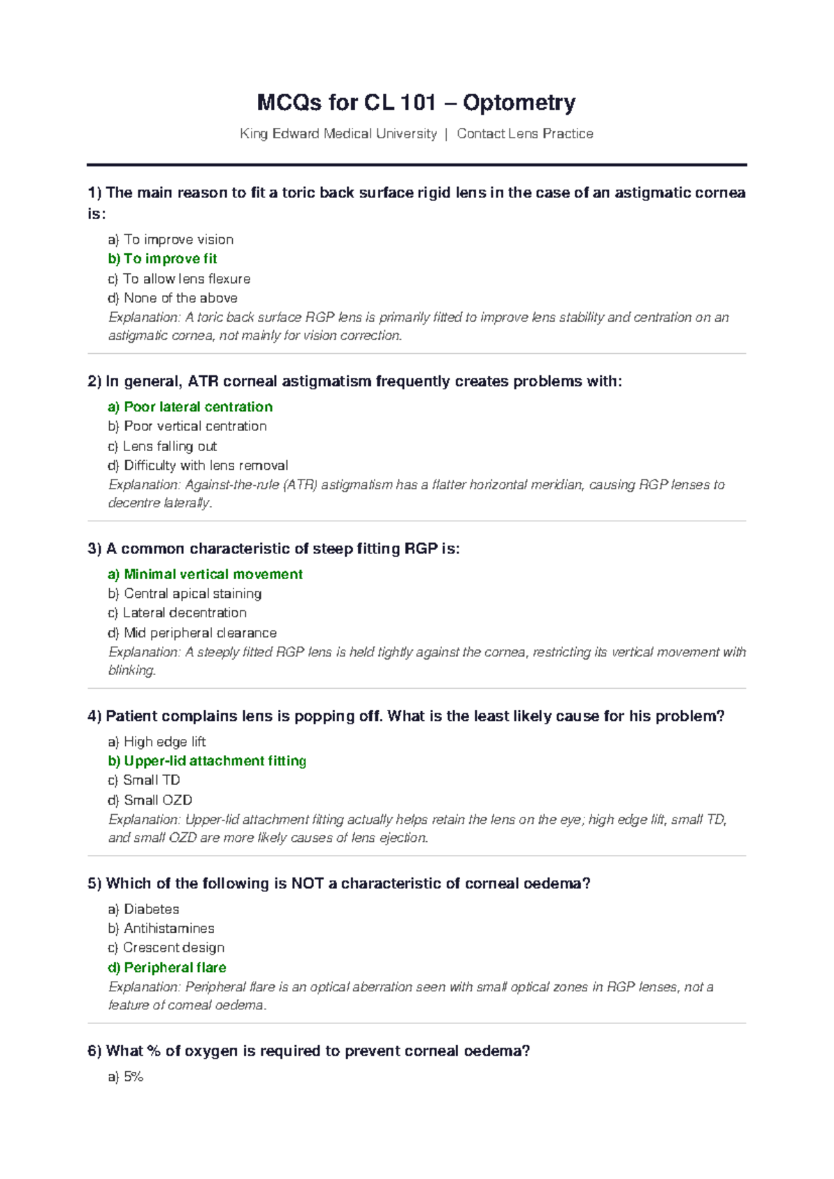 CL 101 Optometry MCQs - Contact Lens Practice Questions - Studocu