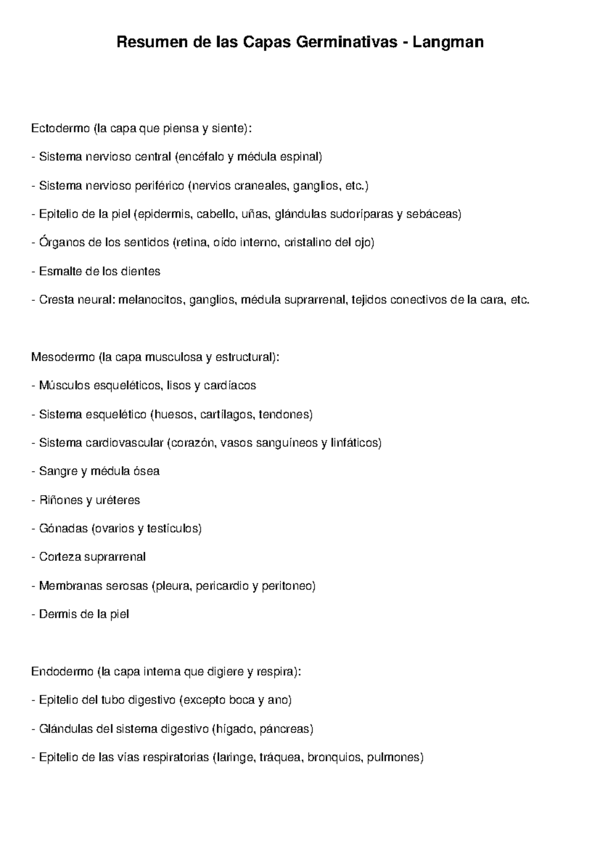 Resumen de las Capas Germinativas Langman: Ectodermo, Mesodermo y ...