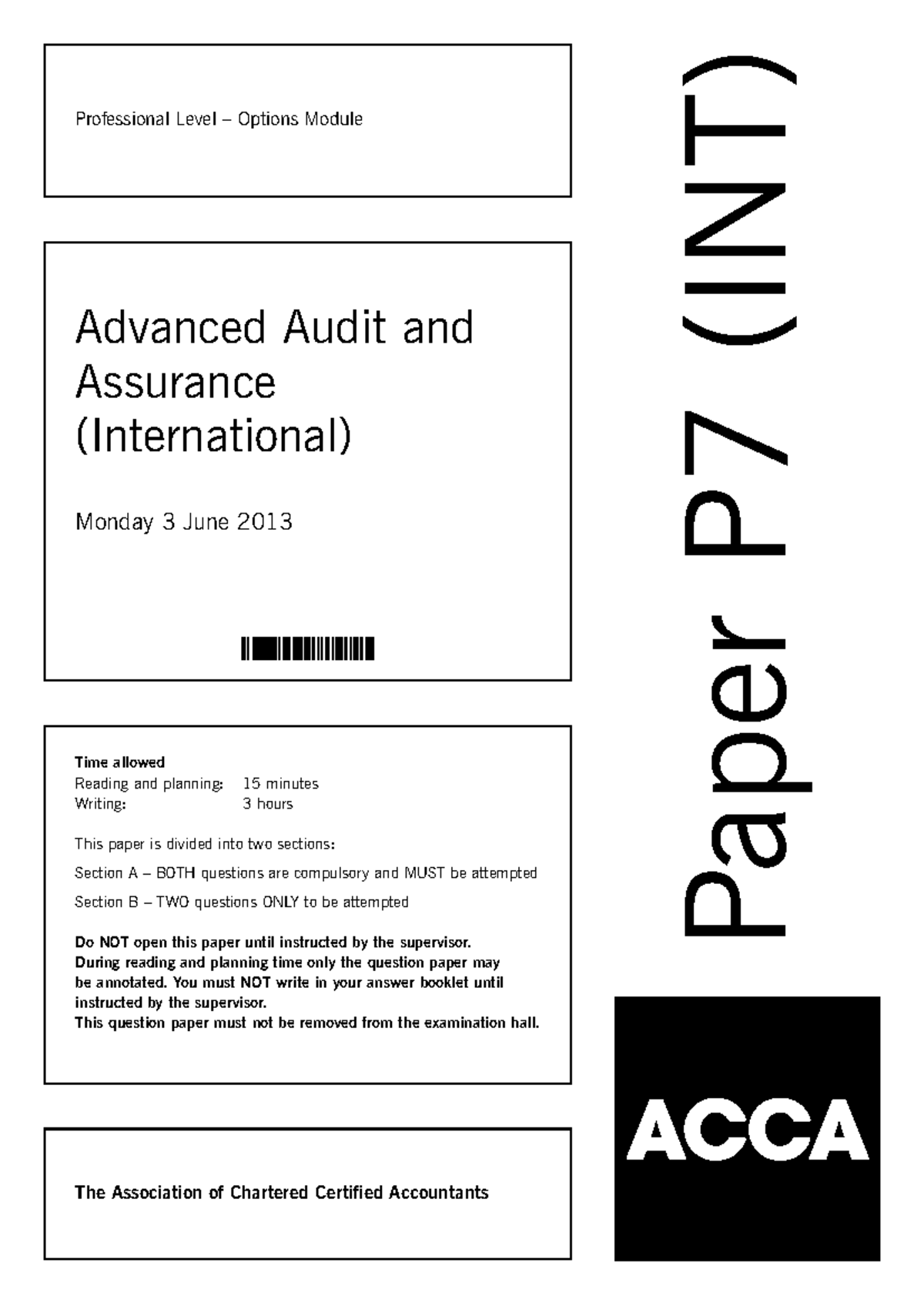 Advanced Audit and Assurance (INT) Paper P7 Exam - June 2013 - Studocu