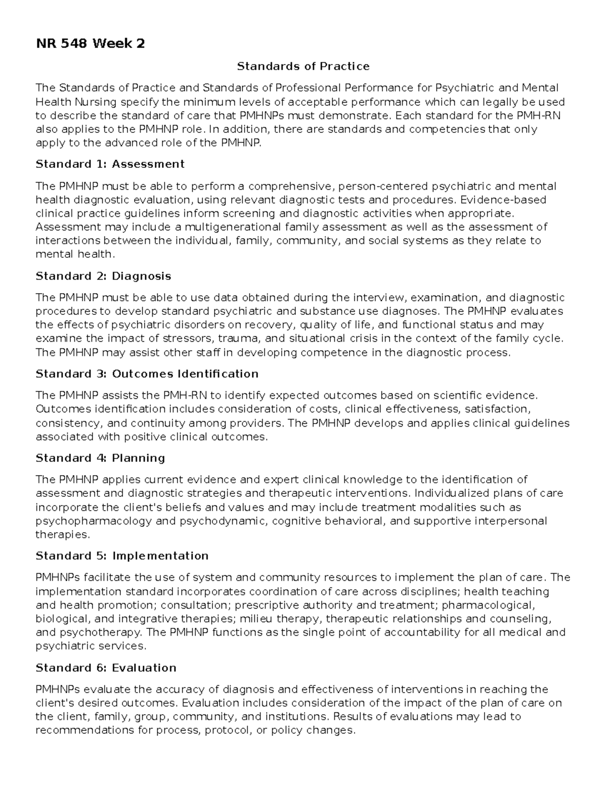 NR 548 Week 2 Notes on Standards of Practice in PMH Nursing - Studocu