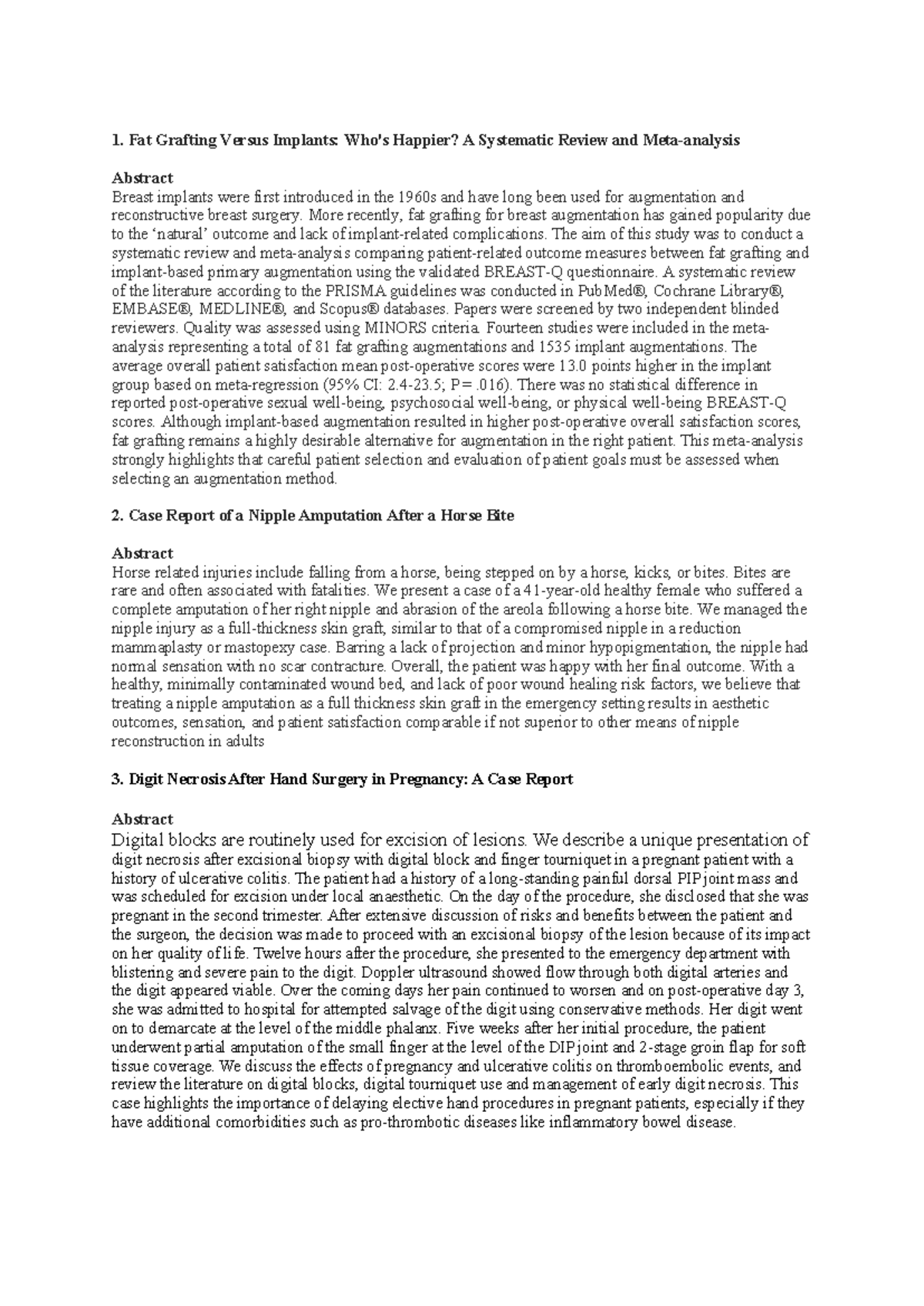 Plastic Surgery Abstracts: Meta-Analyses & Case Reports Insights - Studocu
