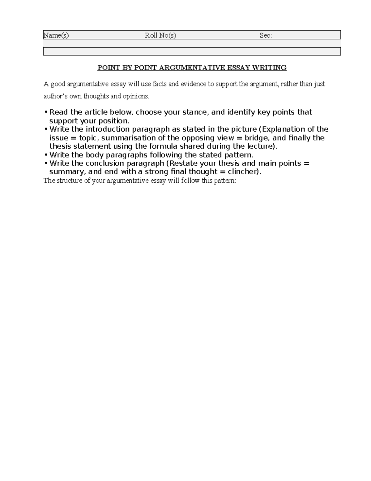 Point by Point Argumentative Essay Guide (SS-1014) SP’25 - Studocu