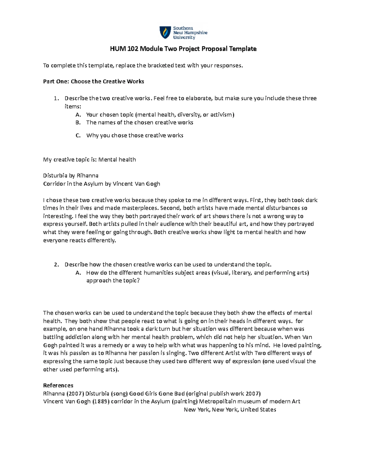 HUM 102 Module Four Project Draft on Creative Works & Mental Health ...