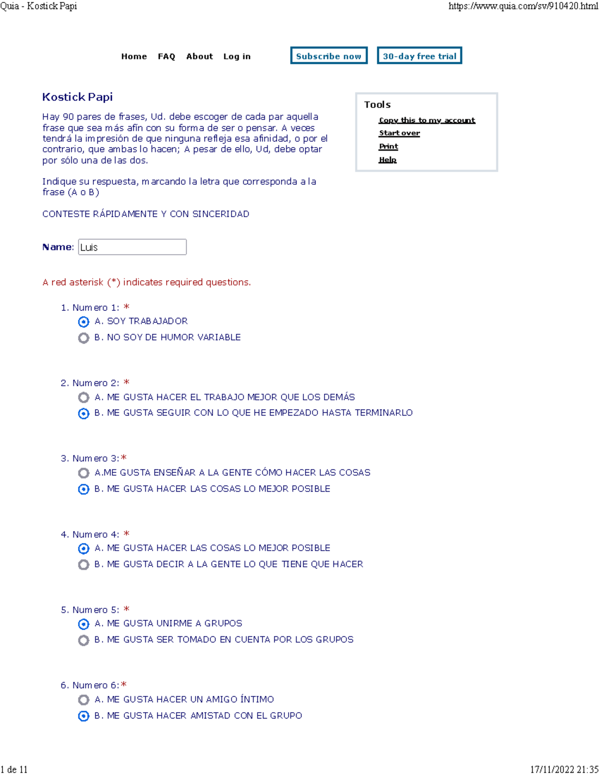 Cuestionario de Kostick - Psicología Organizacional - PUCA 245304351 - Document Preview
