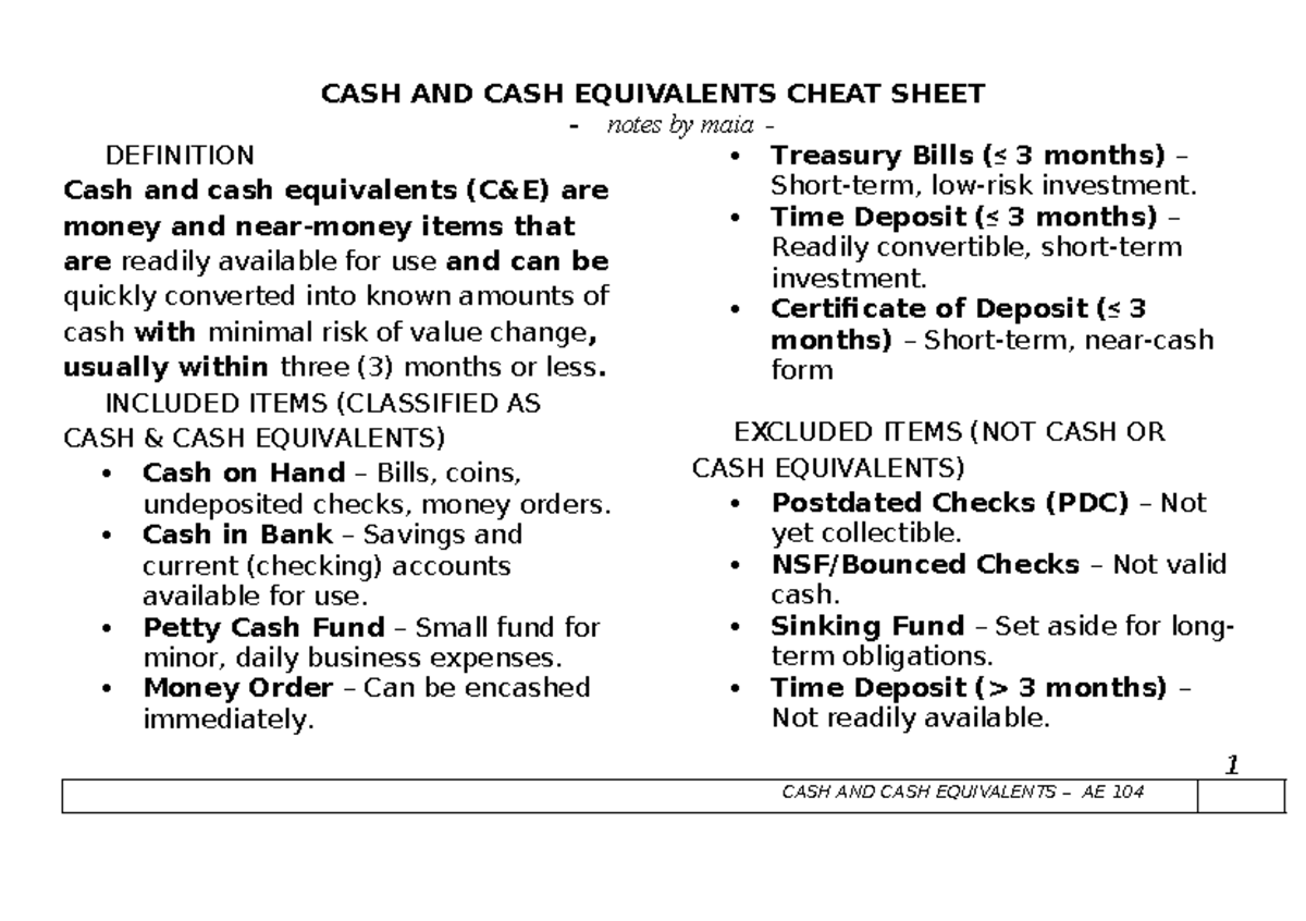 AE 104 - Cash and Cash Equivalents Cheat Sheet Notes - Studocu