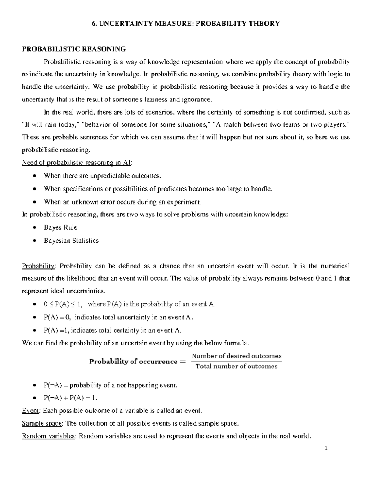 AI Unit 5 - Artificial intelligence notes - 6. UNCERTAINTY MEASURE ...