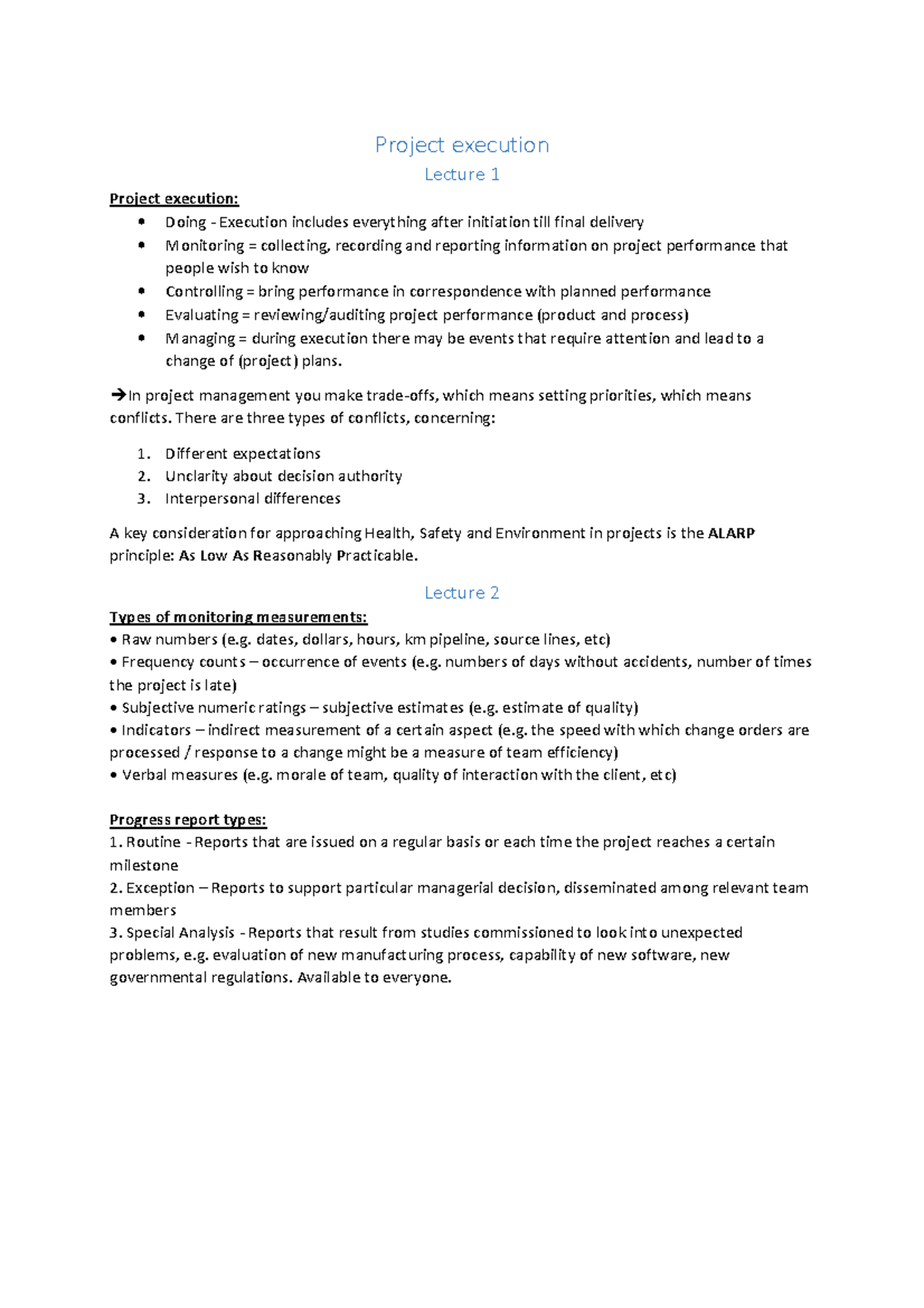 Lecture Notes on Project Implementation: Sessions 1-7 - Studeersnel