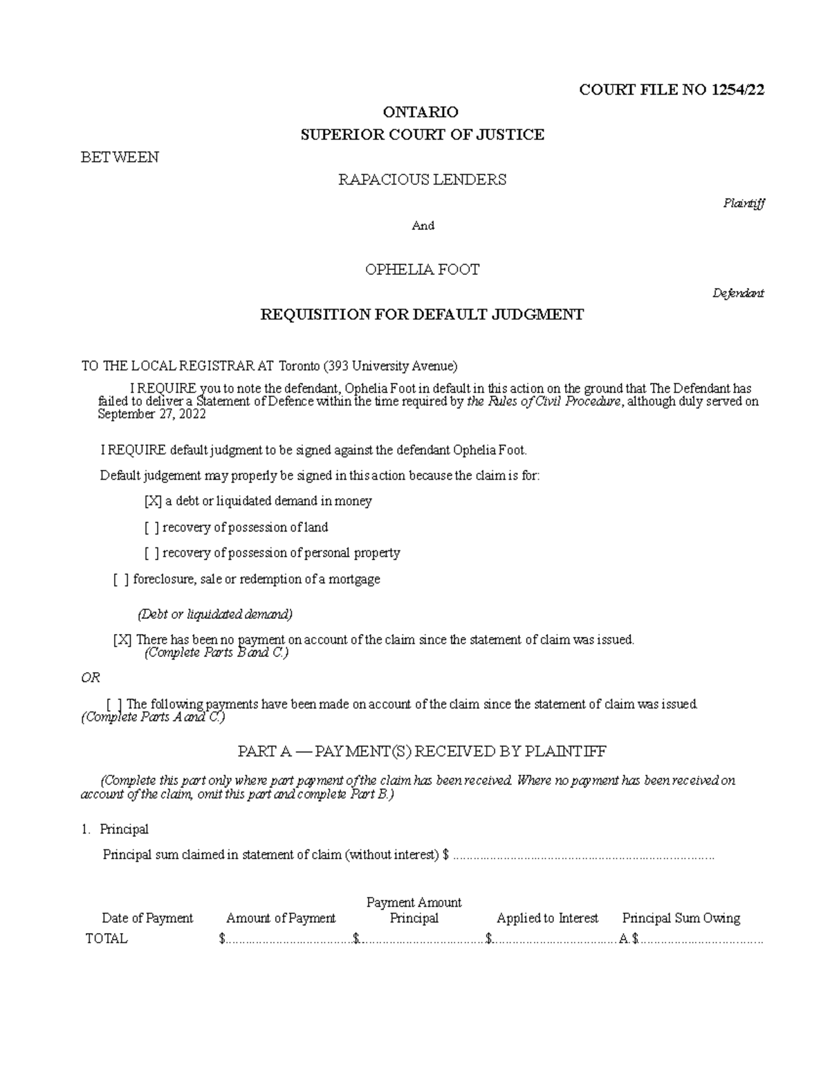 Requisition for Default Judgment - Ontario Superior Court Case 1254/ ...
