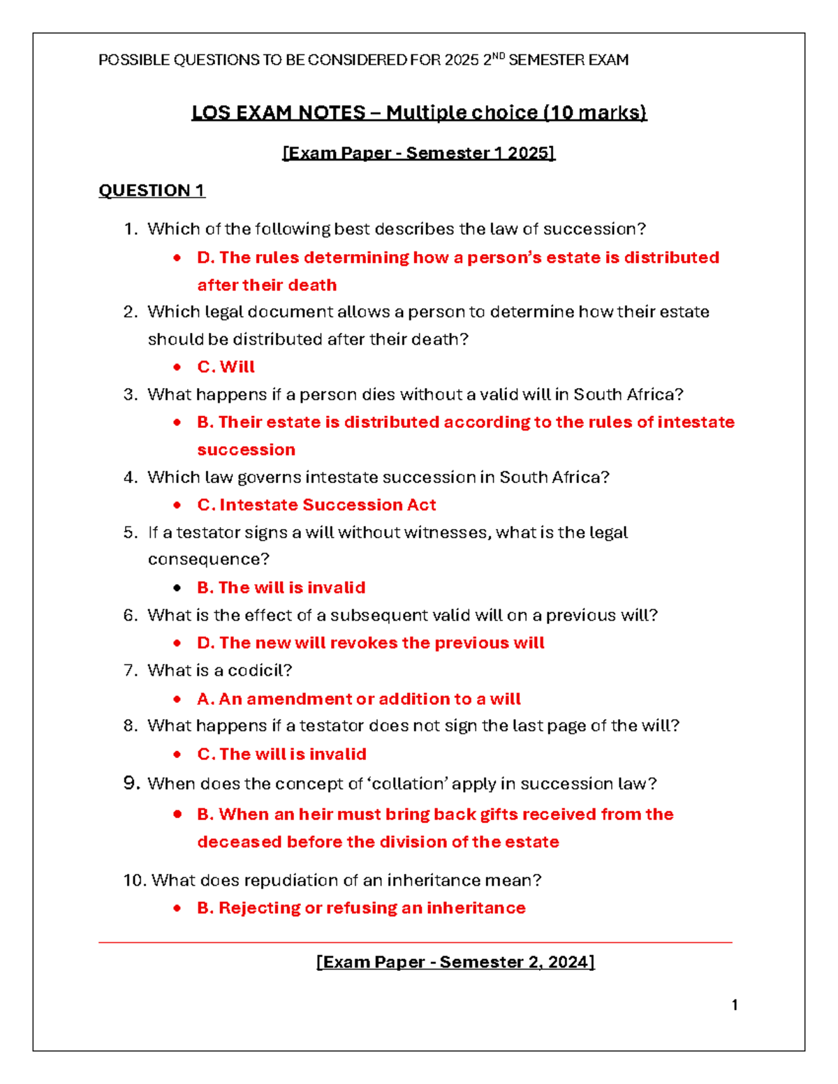 LOS 2025 2ND SEMESTER EXAM NOTES: SUCCESSION QUESTIONS & ANSWERS - Studocu