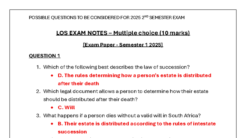 LOS 2025 2ND SEMESTER EXAM NOTES: SUCCESSION QUESTIONS & ANSWERS - Studocu