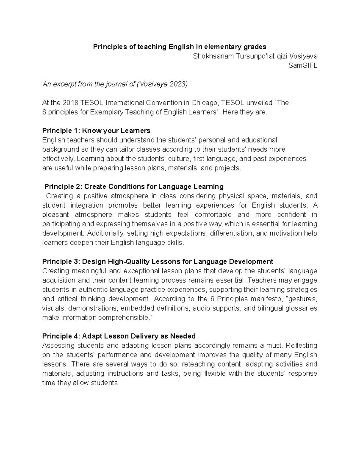 Principles of Teaching English in Elementary Grades (SamSIFL) - Studocu